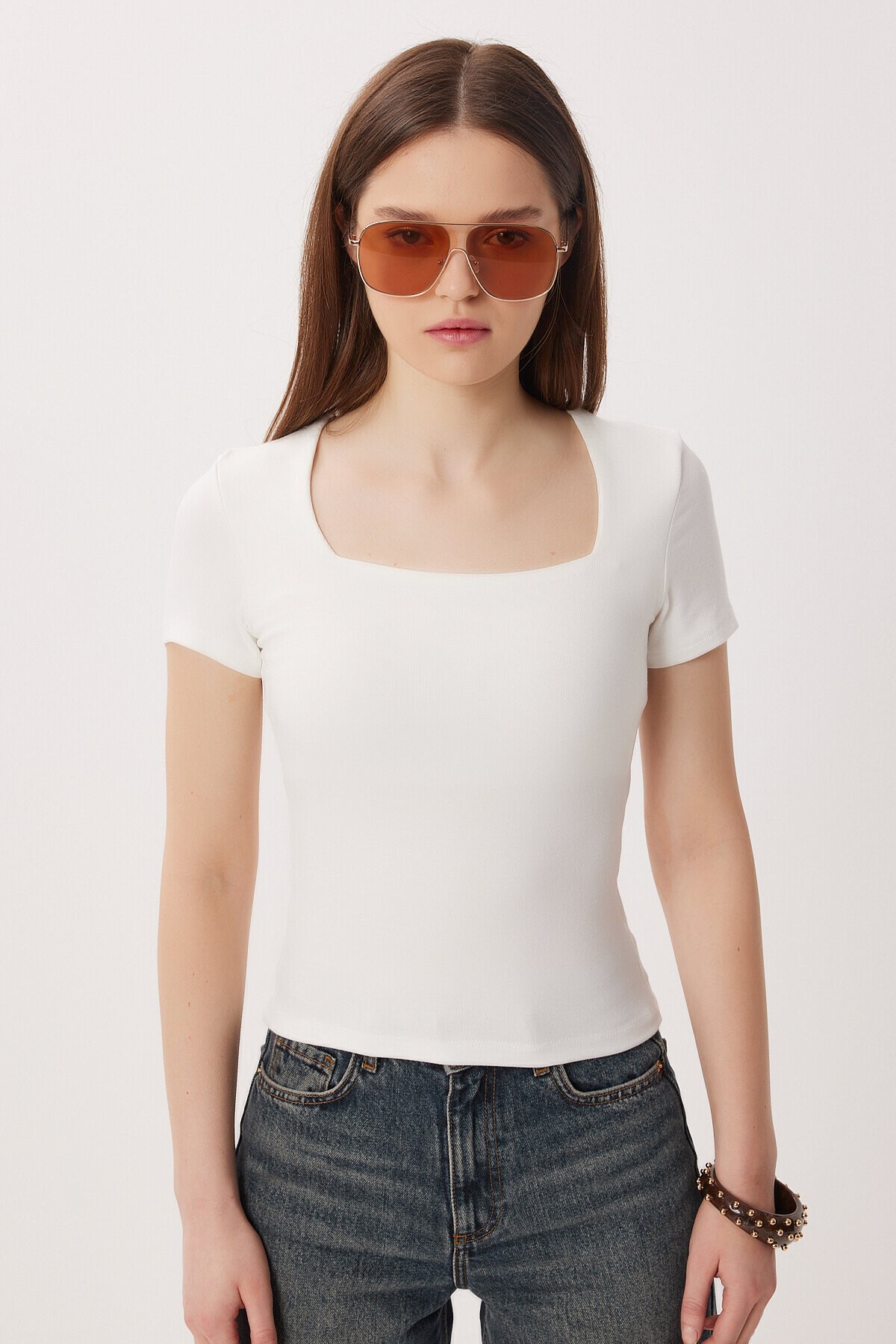 2li Paket Kare Yaka Basic Örme T-shirt KAHVERENGİ KEMİK LDZ0059
