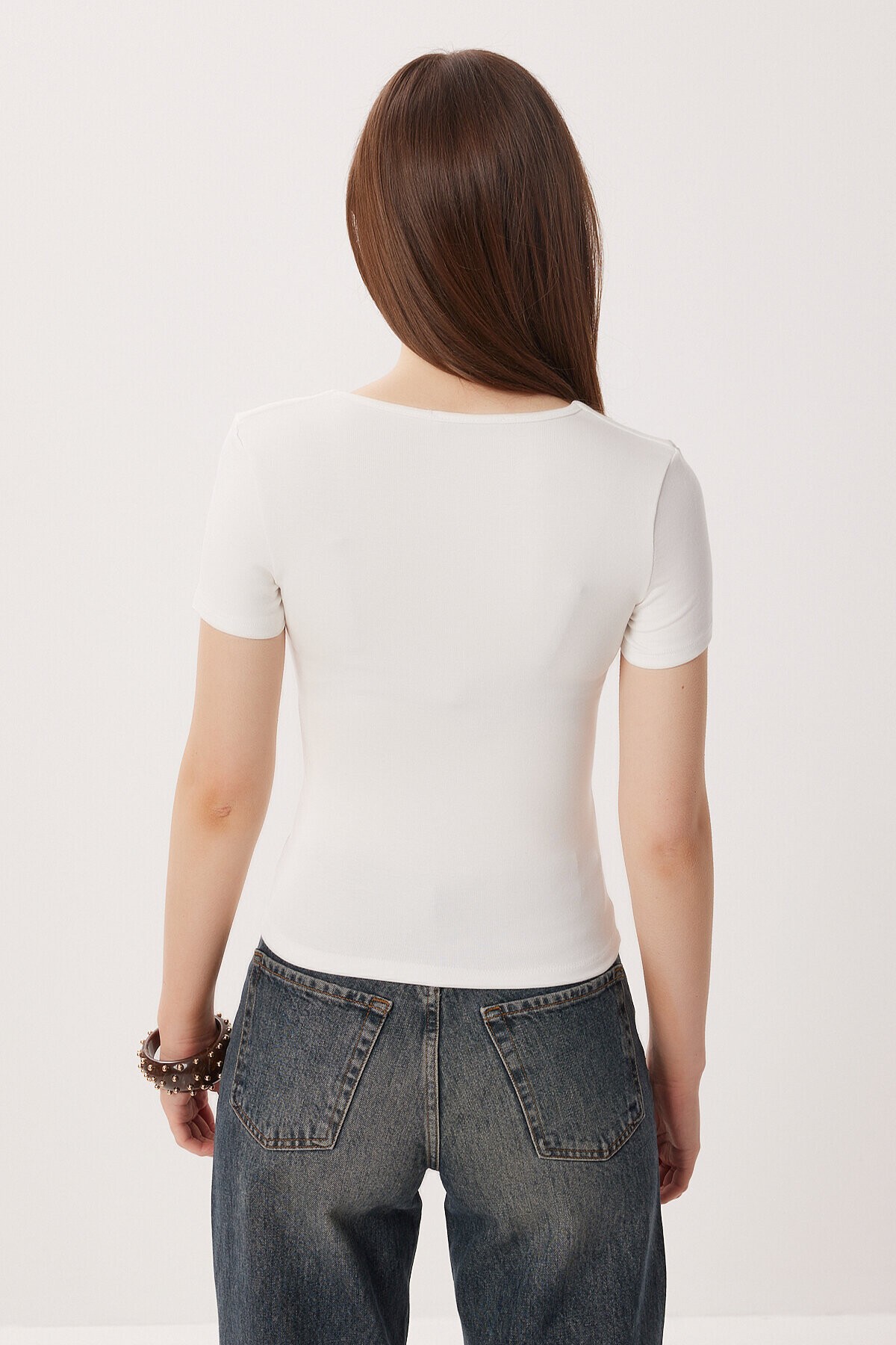 2li Paket Kare Yaka Basic Örme T-shirt KAHVERENGİ KEMİK LDZ0059