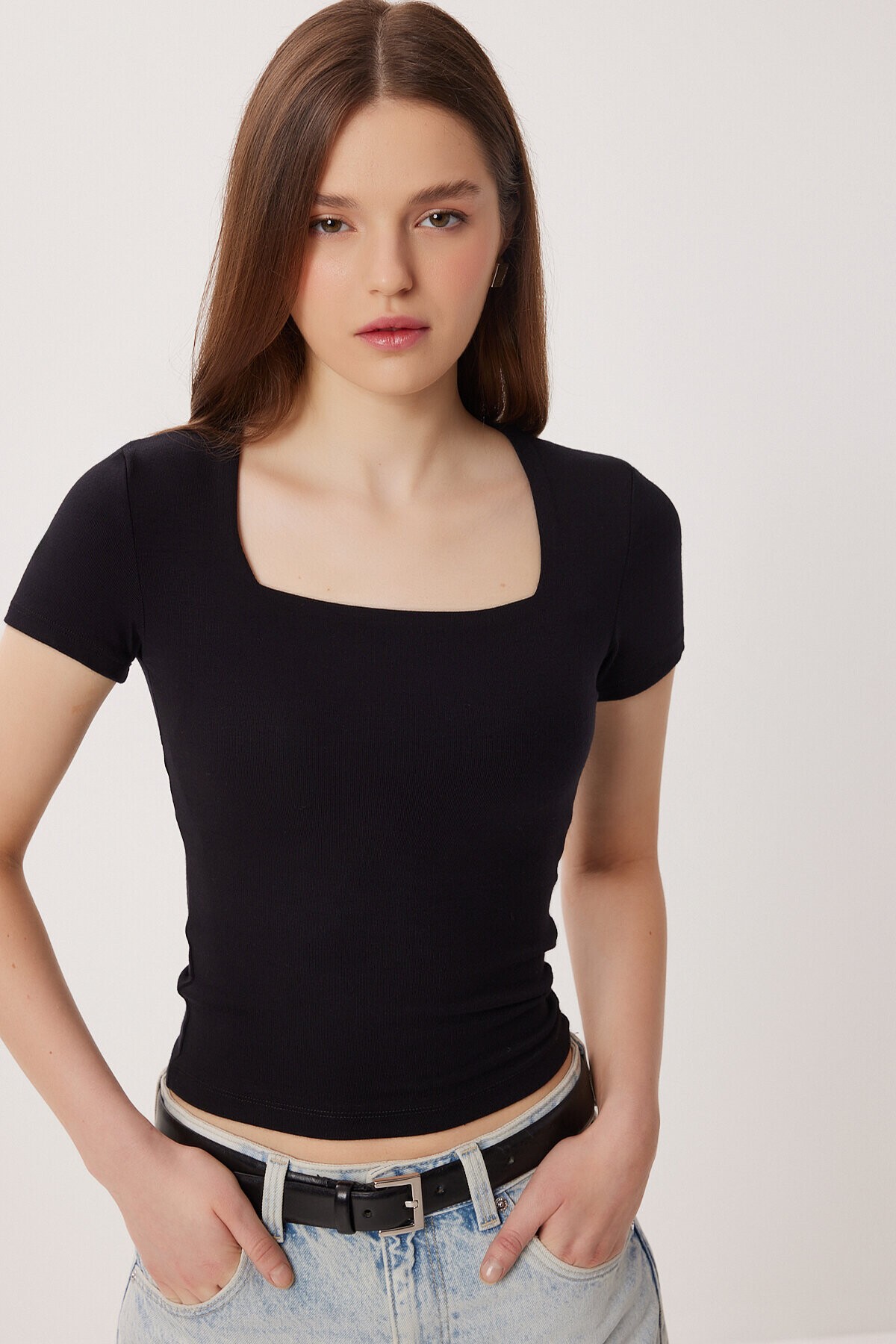 2li Paket Kare Yaka Basic Örme T-shirt SİYAH SİYAH LDZ0059