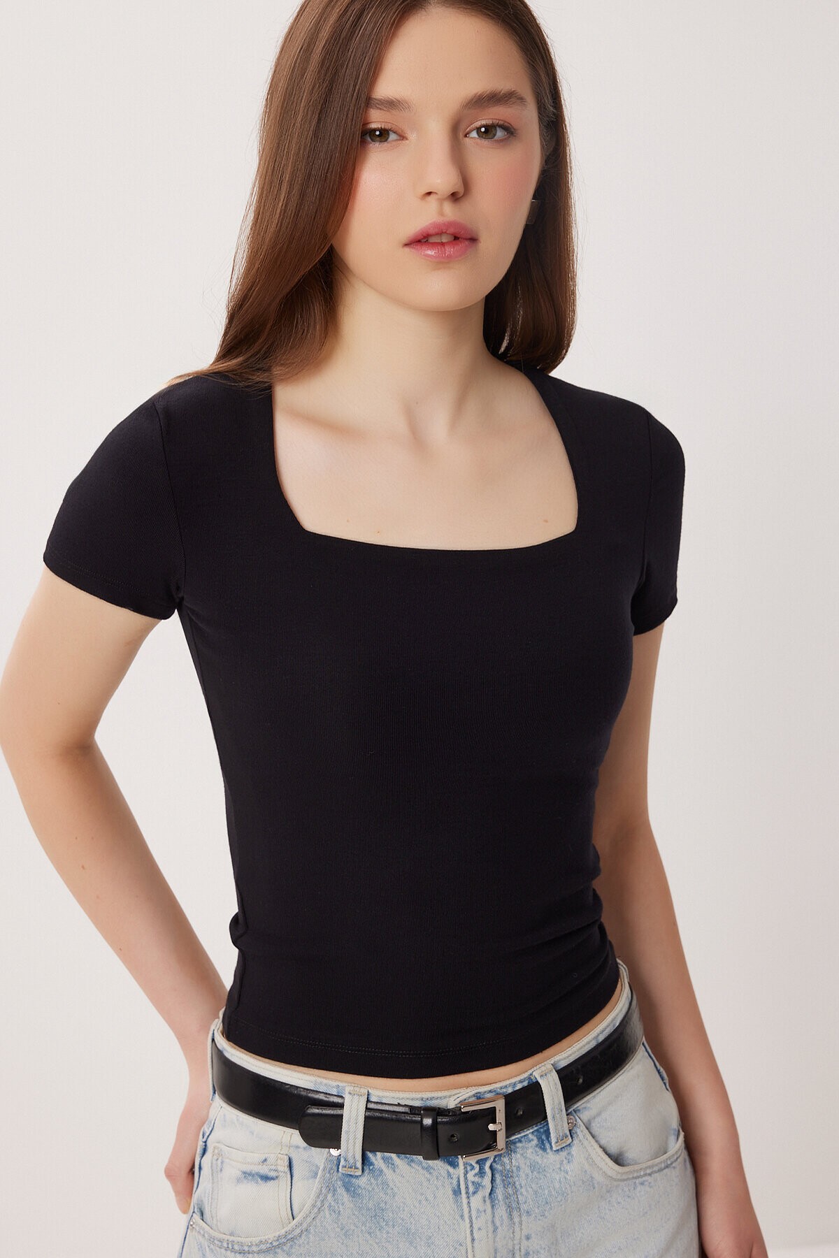 2li Paket Kare Yaka Basic Örme T-shirt SİYAH SİYAH LDZ0059