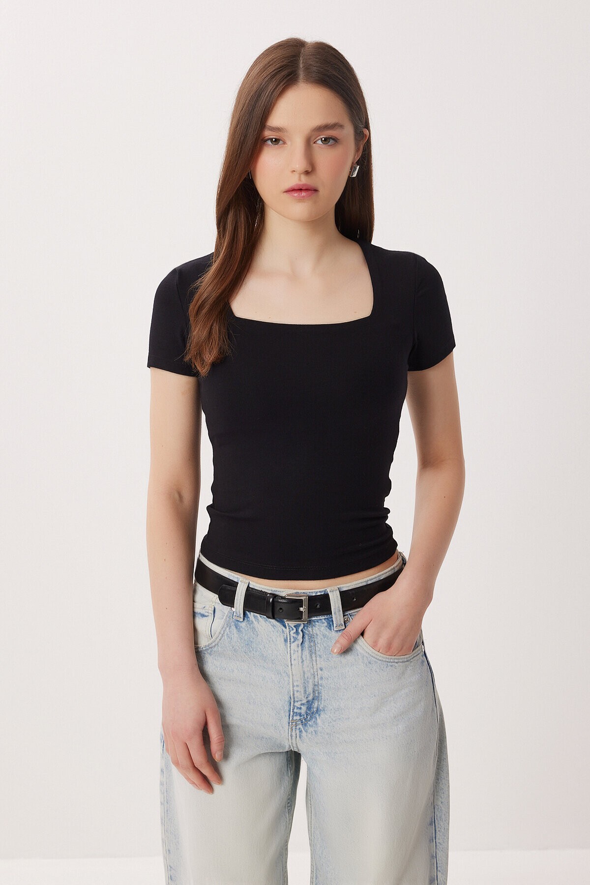 2li Paket Kare Yaka Basic Örme T-shirt SİYAH SİYAH LDZ0059