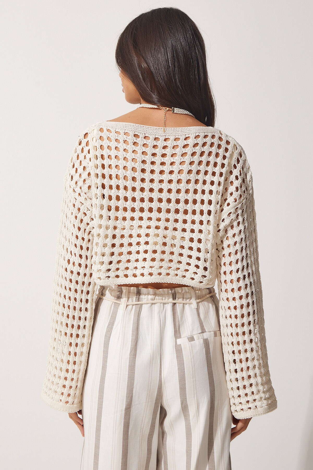 Ajurlu Crop Triko Bluz KREM LMC0049