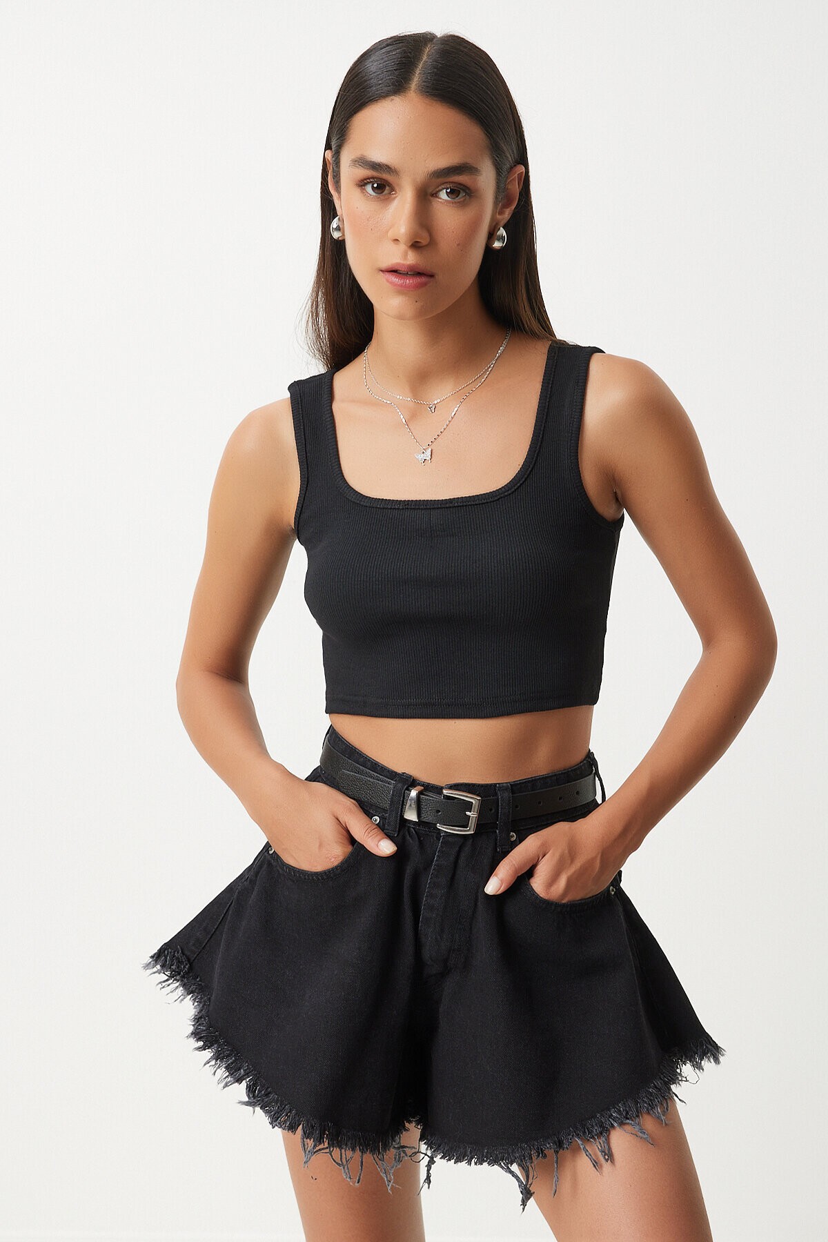 Askılı Crop 2li Paket Örme Bluz SİYAH BEYAZ LGT0003