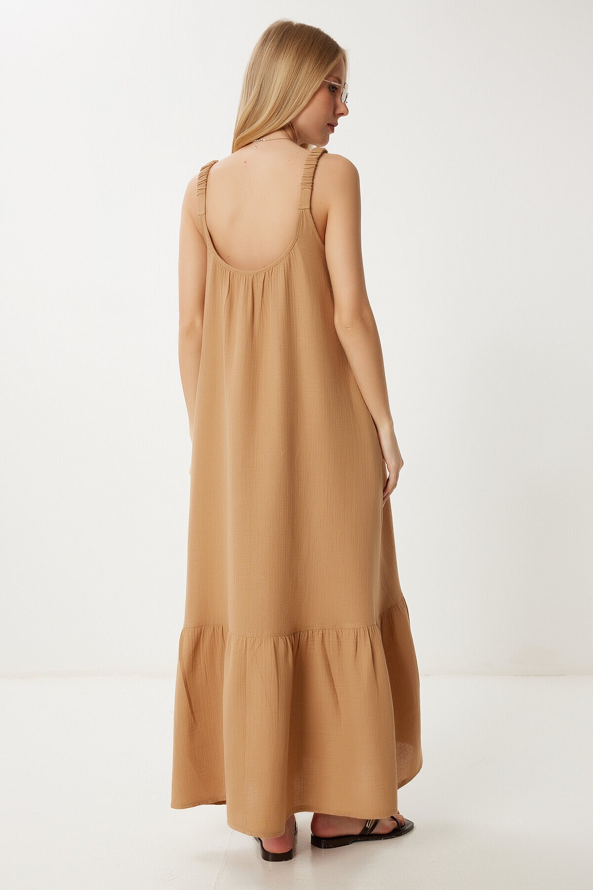 Askılı Volanlı Yazlık Müslin Elbise CAMEL LFZ0002