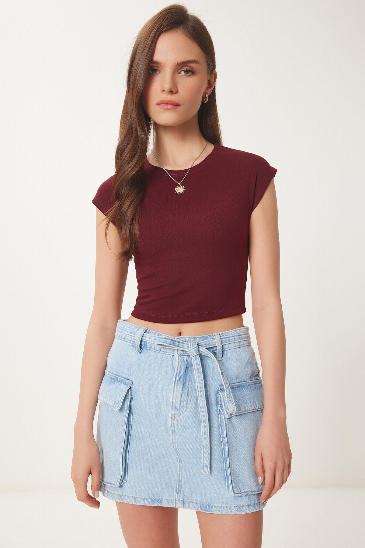 Basic Crop Örme Bluz BORDO LFW0005