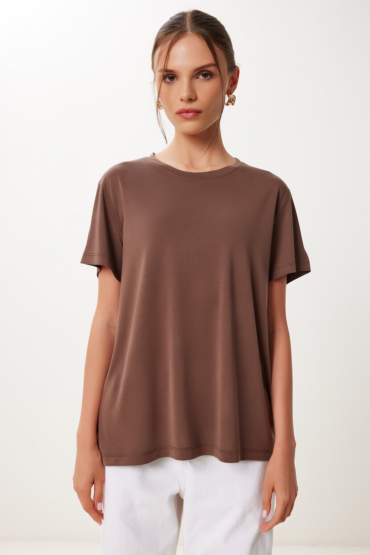 Basic Modal Örme T-shirt KAHVERENGİ LFN0101