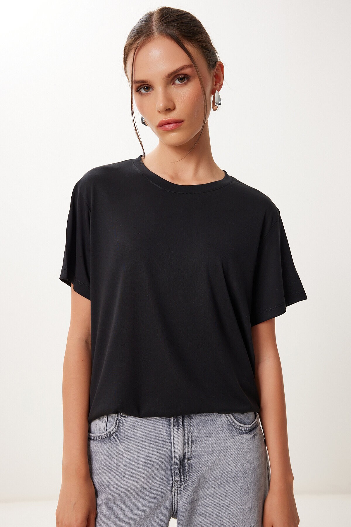 Basic Modal Örme T-shirt SİYAH LFN0101