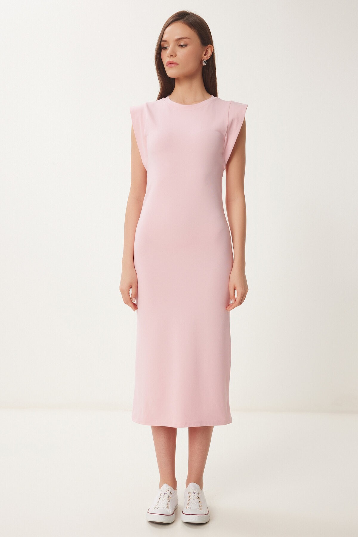Basic Yazlık Midi Örme Elbise PEMBE LFW0004