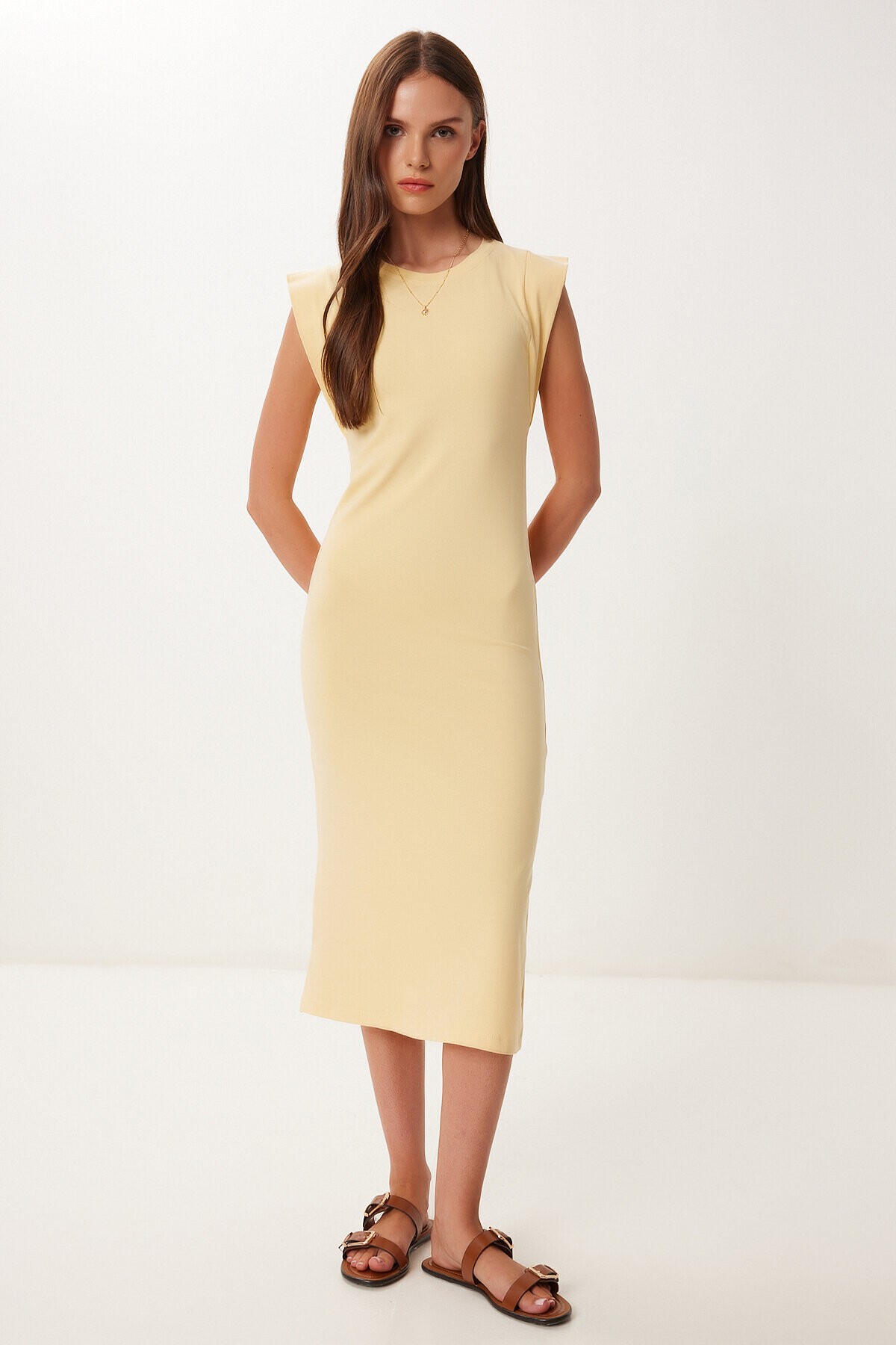 Basic Yazlık Midi Örme Elbise SARI LFW0004