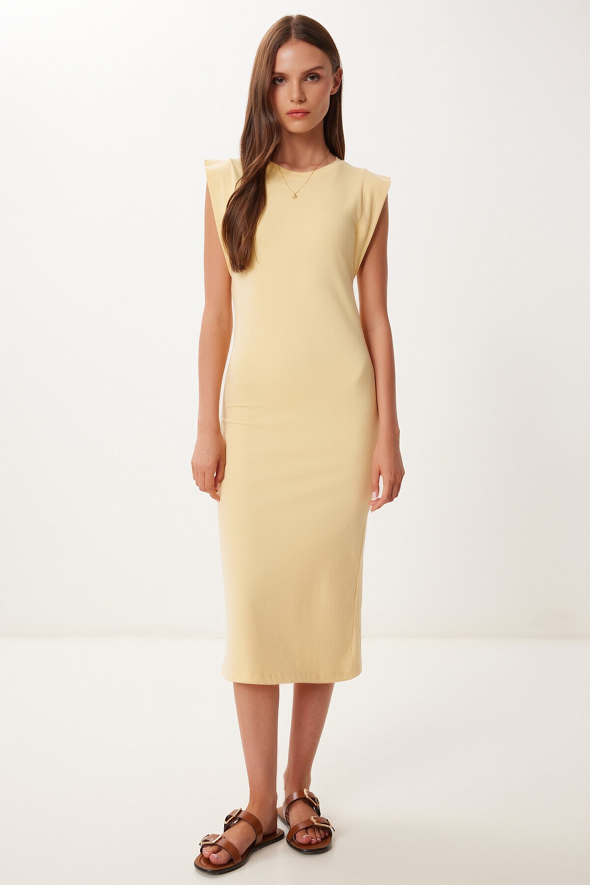 Basic Yazlık Midi Örme Elbise SARI LFW0004