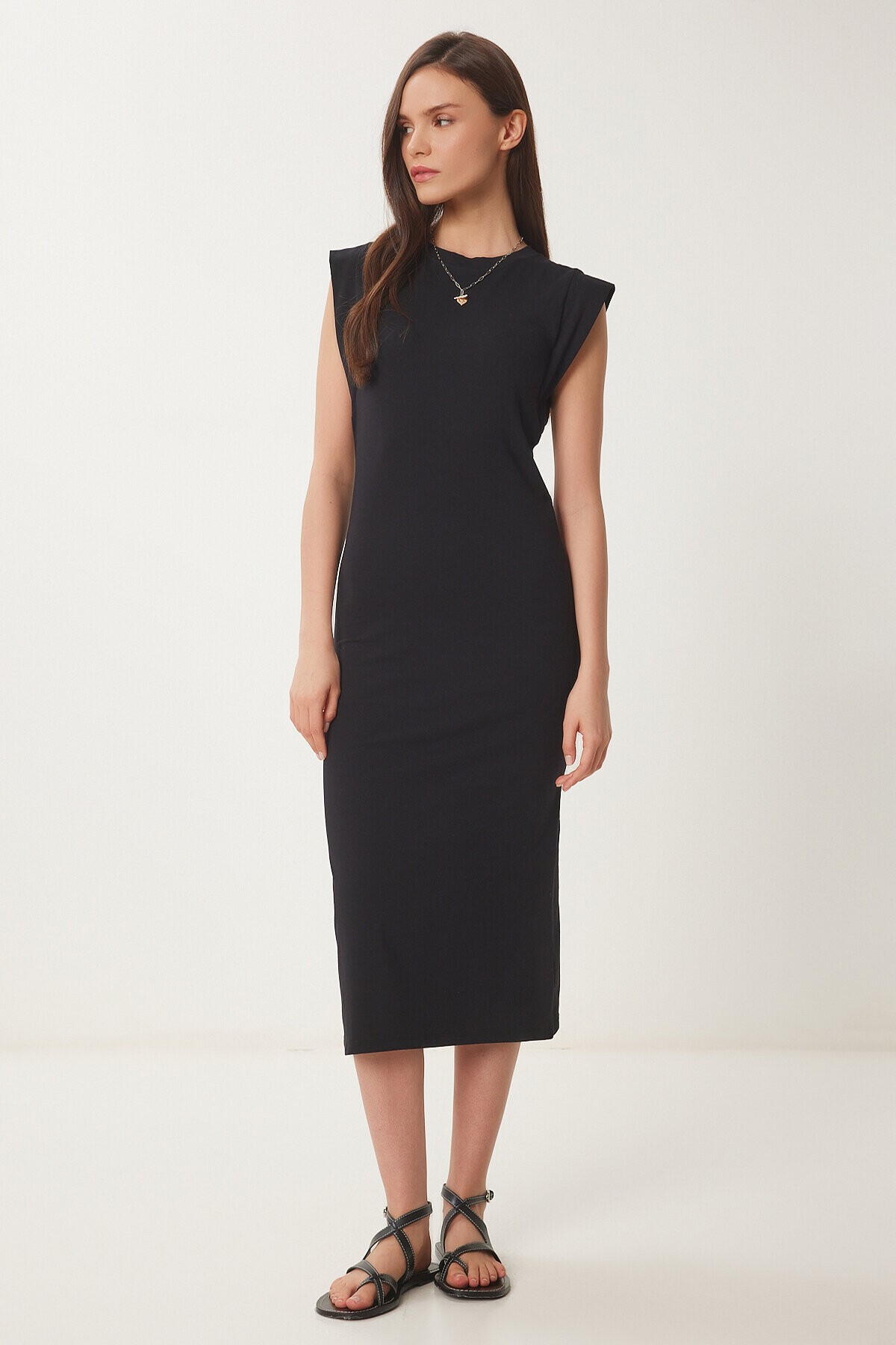 Basic Yazlık Midi Örme Elbise SİYAH LFW0004
