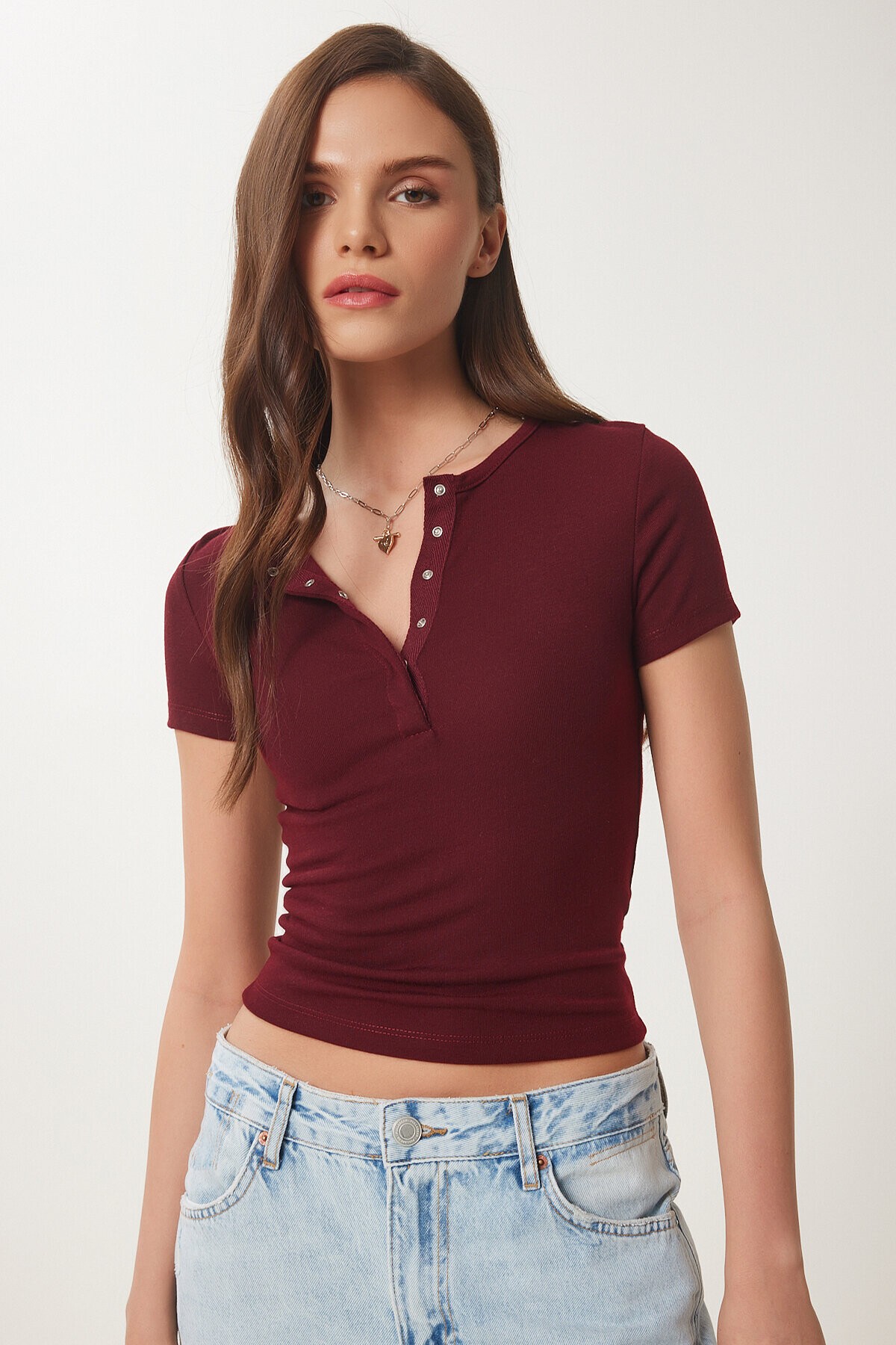 Çıtçıtlı Basic Örme Crop Bluz BORDO LFW0003