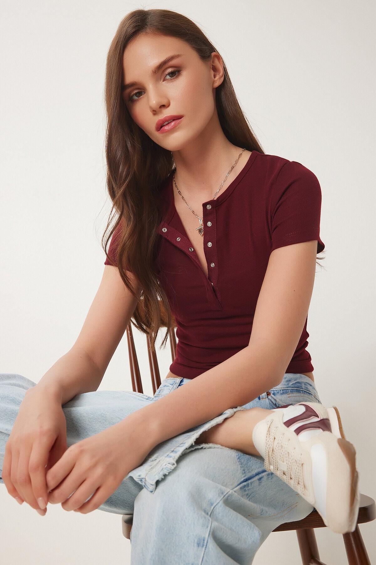 Çıtçıtlı Basic Örme Crop Bluz BORDO LFW0003