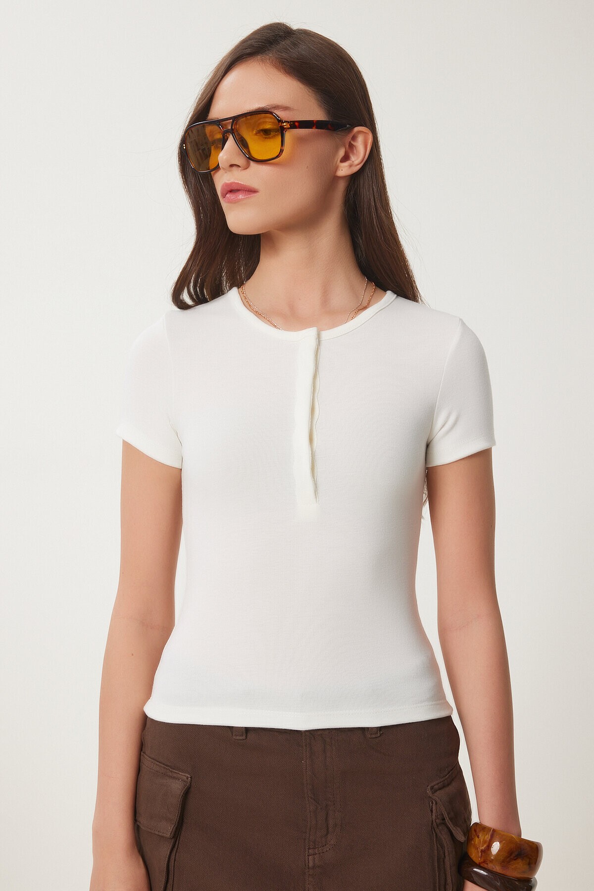 Çıtçıtlı Basic Örme Crop Bluz KEMİK LFW0003