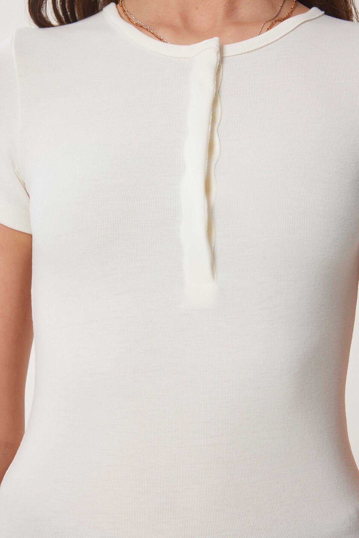 Çıtçıtlı Basic Örme Crop Bluz KEMİK LFW0003