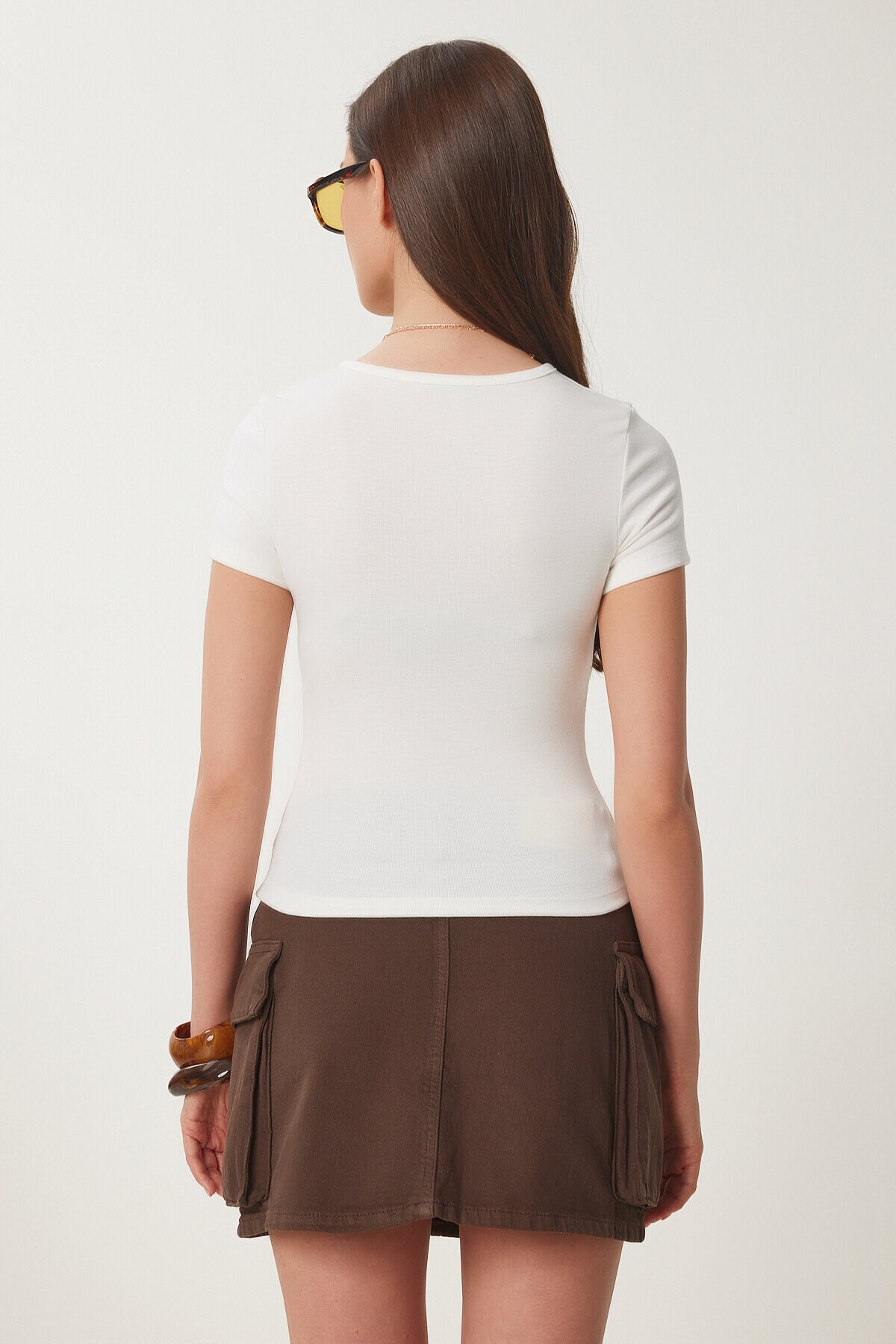 Çıtçıtlı Basic Örme Crop Bluz KEMİK LFW0003