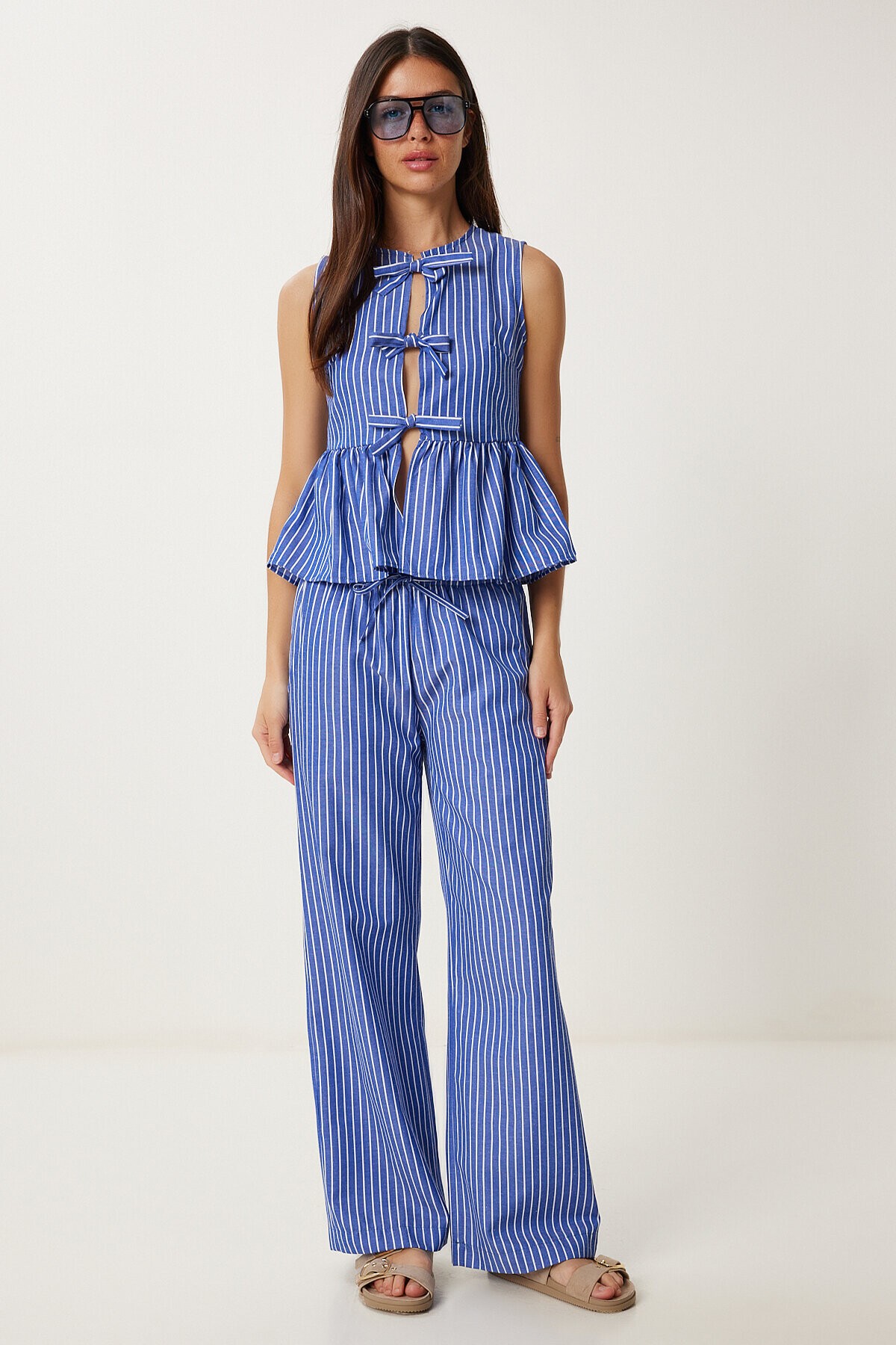 Çizgili Bluz Pantolon Takım MAVİ LJH0003