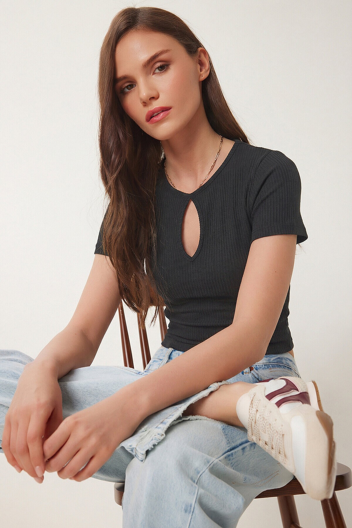 Cut Out Detaylı Crop Fitilli Örme Bluz ANTRASİT LEX0008