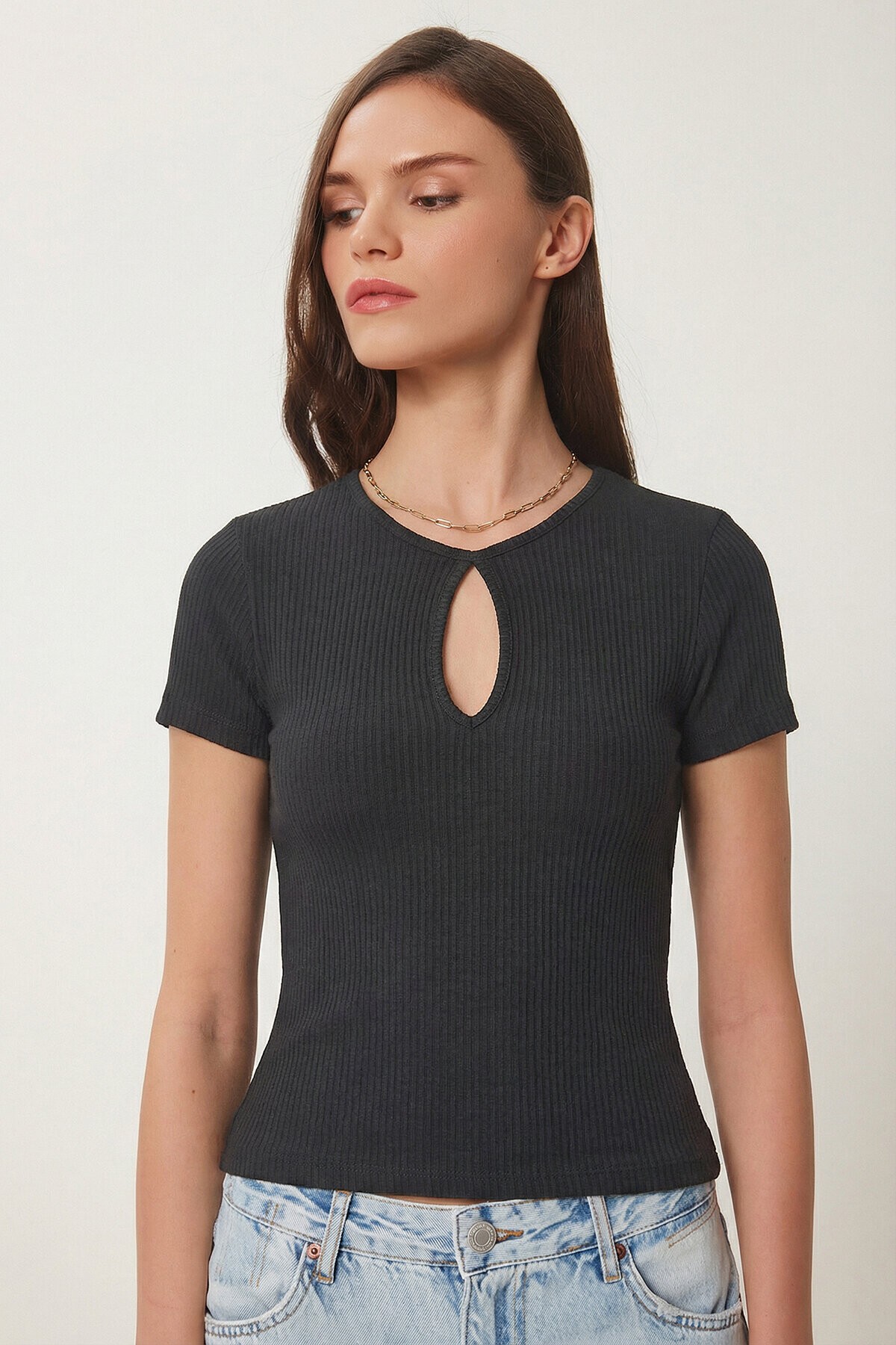 Cut Out Detaylı Crop Fitilli Örme Bluz ANTRASİT LEX0008