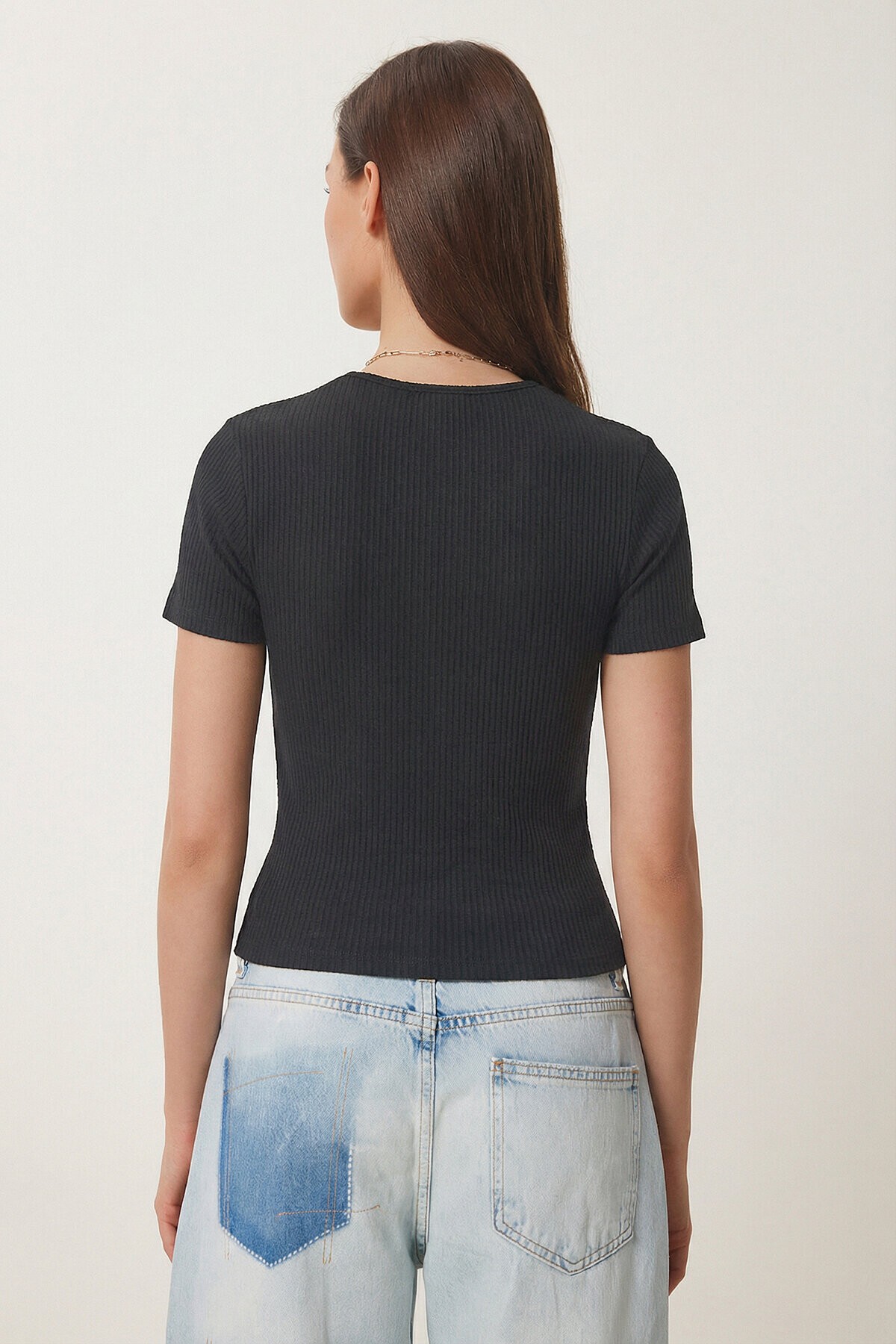 Cut Out Detaylı Crop Fitilli Örme Bluz ANTRASİT LEX0008