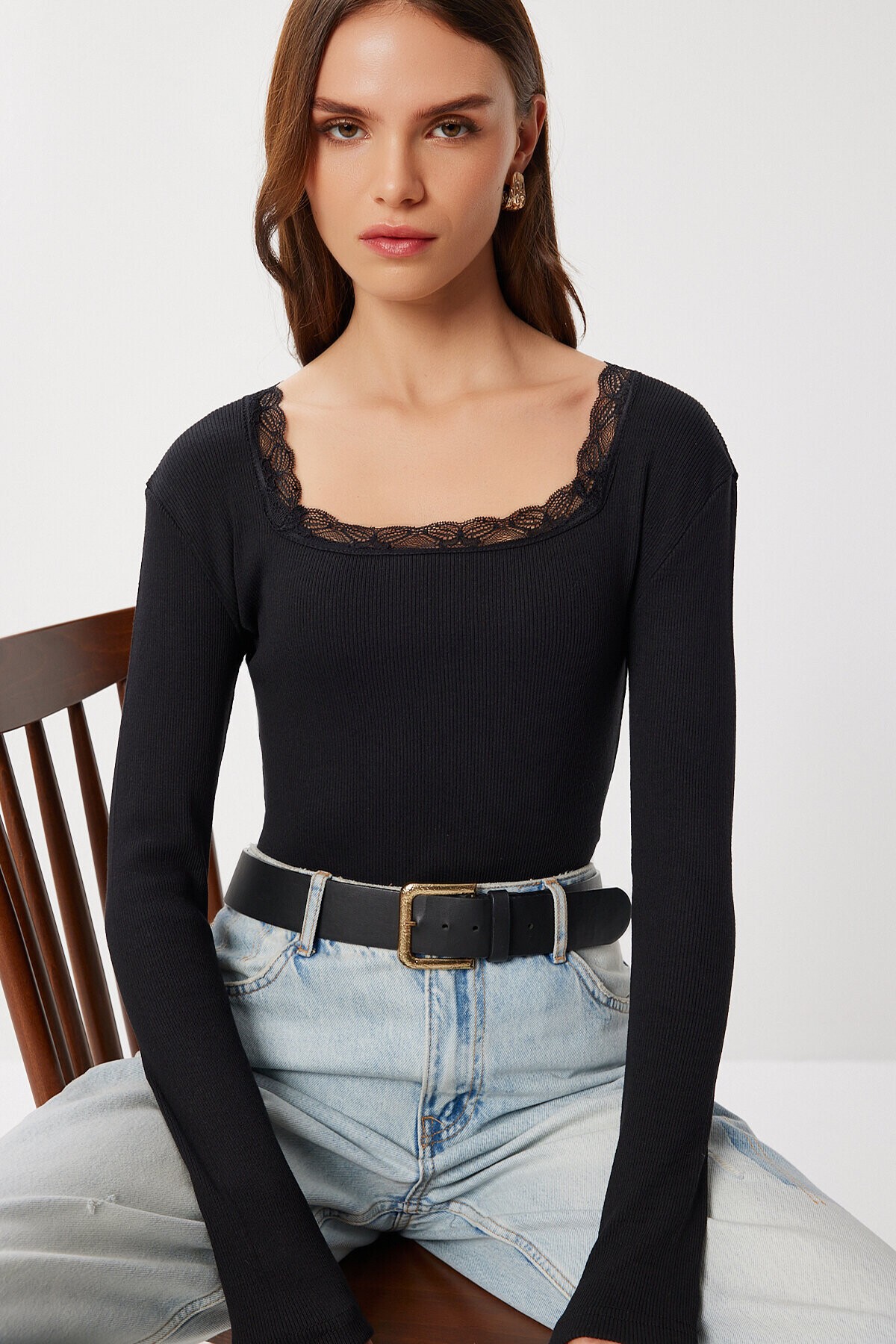 Dantel Detaylı Fitilli Örme Bluz SİYAH LEN0046