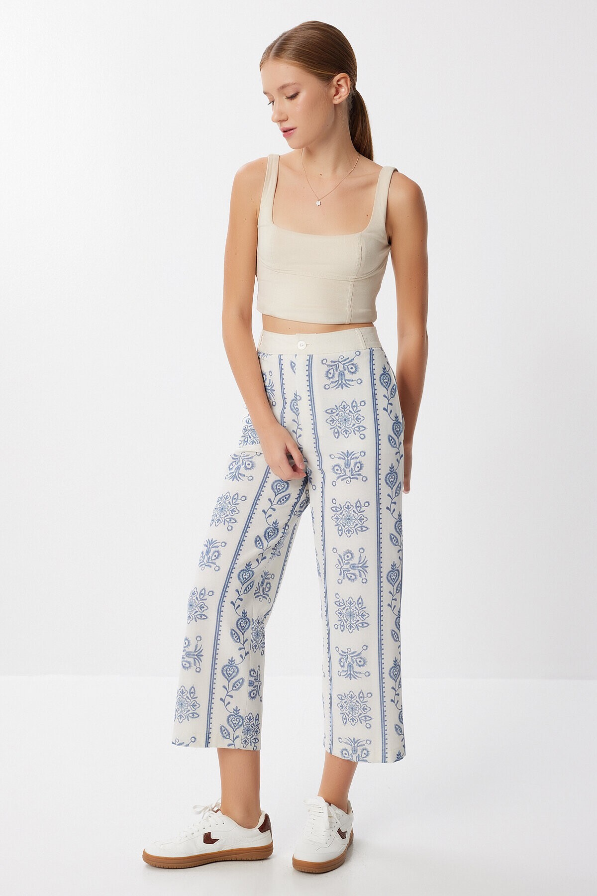Desenli Geniş Paça Pantolon KEMİK İNDİGO MAVİ LFH0010