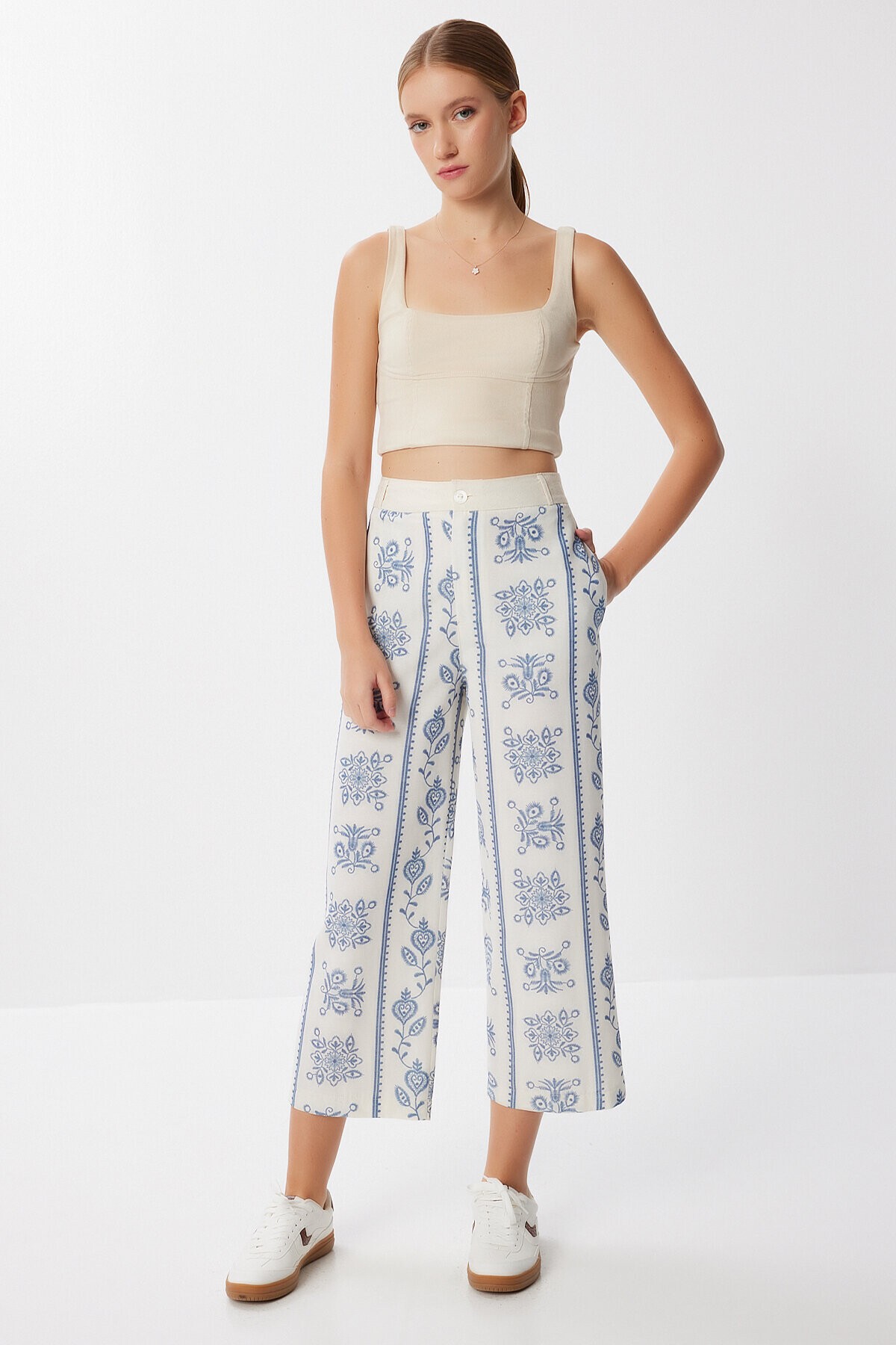 Desenli Geniş Paça Pantolon KEMİK İNDİGO MAVİ LFH0010