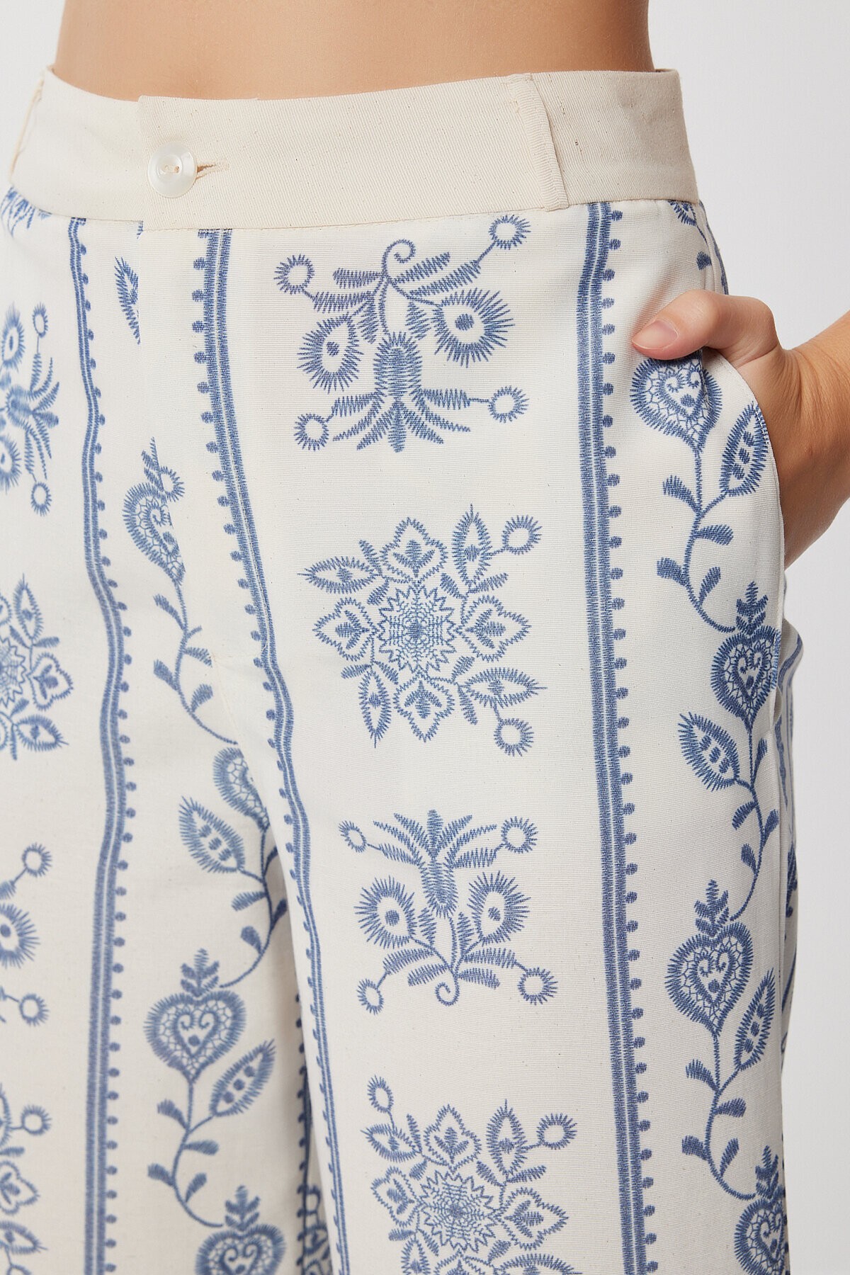 Desenli Geniş Paça Pantolon KEMİK İNDİGO MAVİ LFH0010