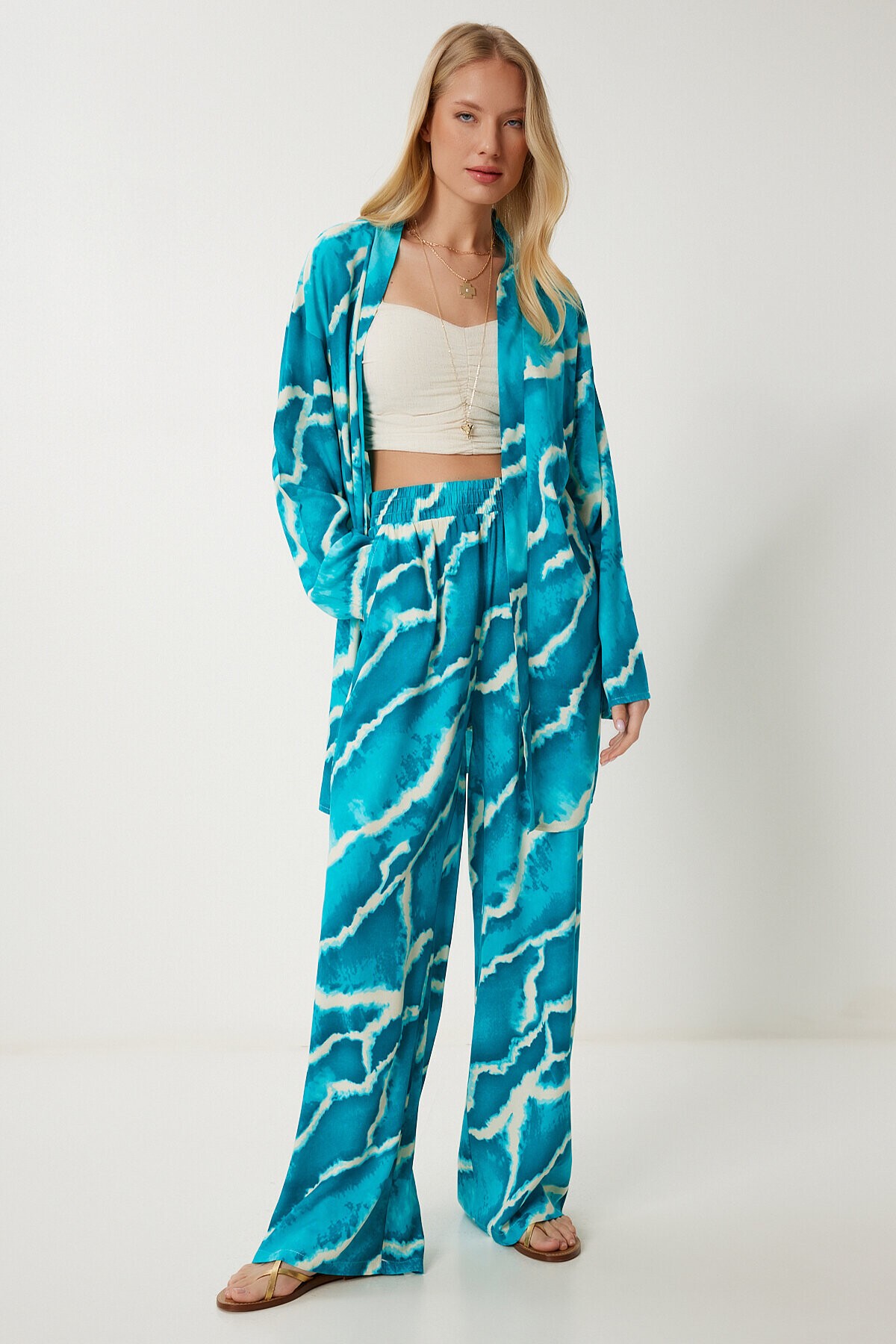 Desenli Yazlık Viskon Kimono Pantolon Takım AÇIK MAVİ LJE0003