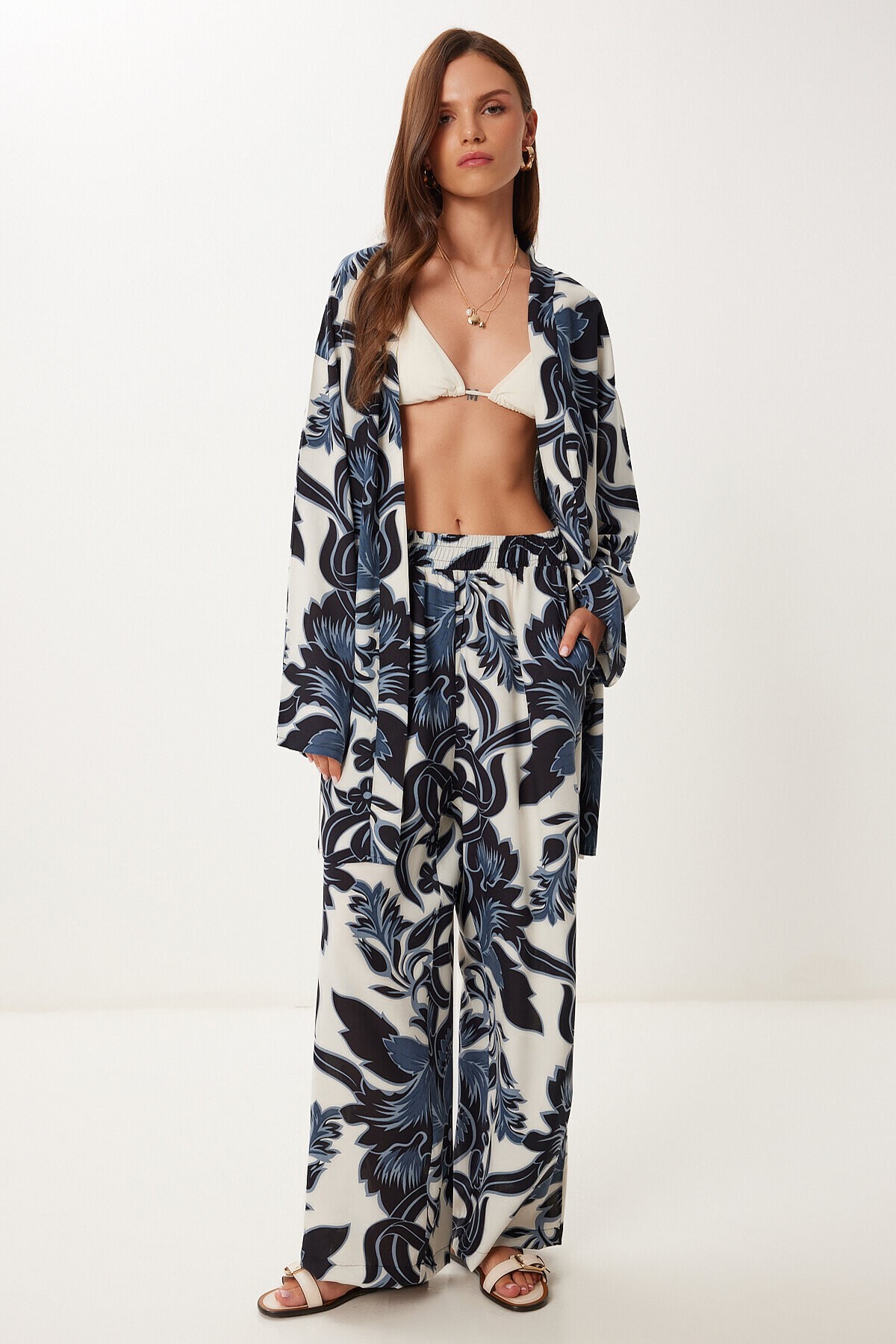 Desenli Yazlık Viskon Kimono Pantolon Takım FÜME KEMİK LJE0003