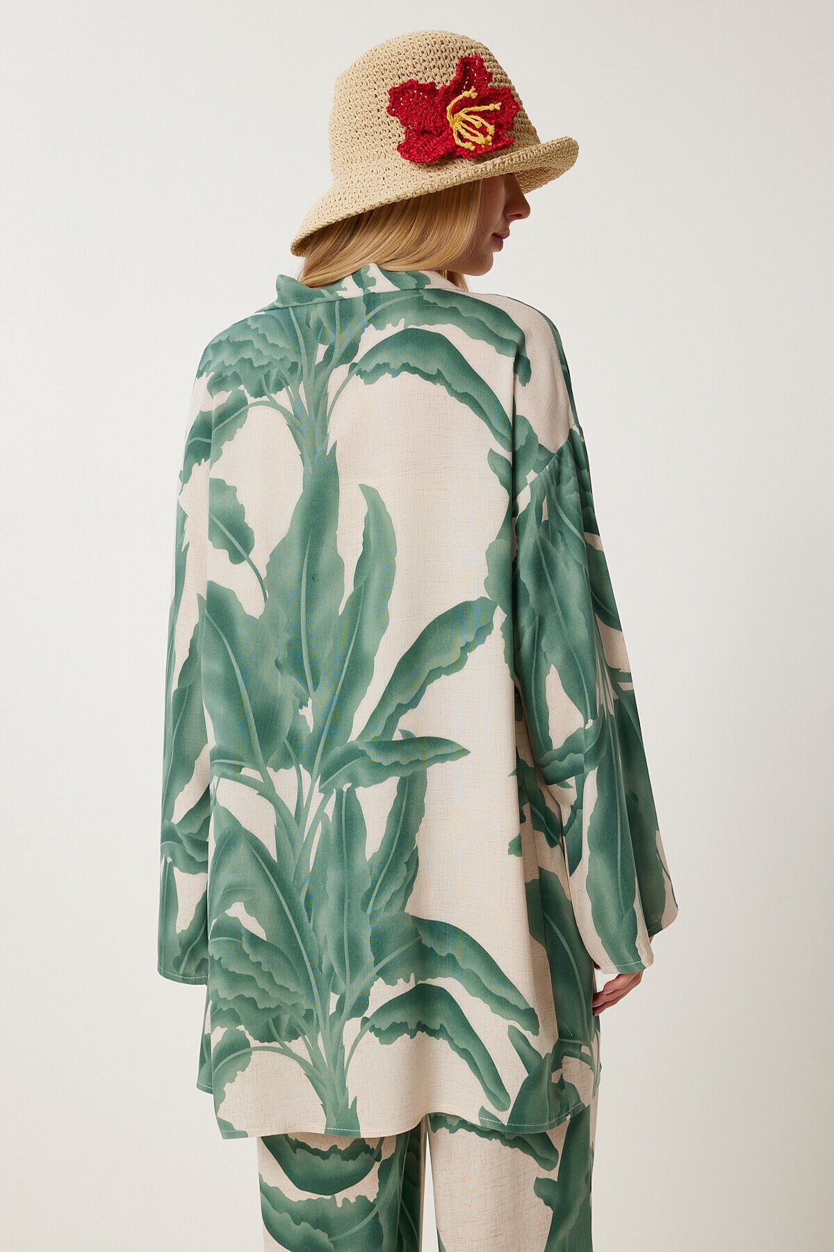 Desenli Yazlık Viskon Kimono Pantolon Takım HAKİ KREM LJE0003