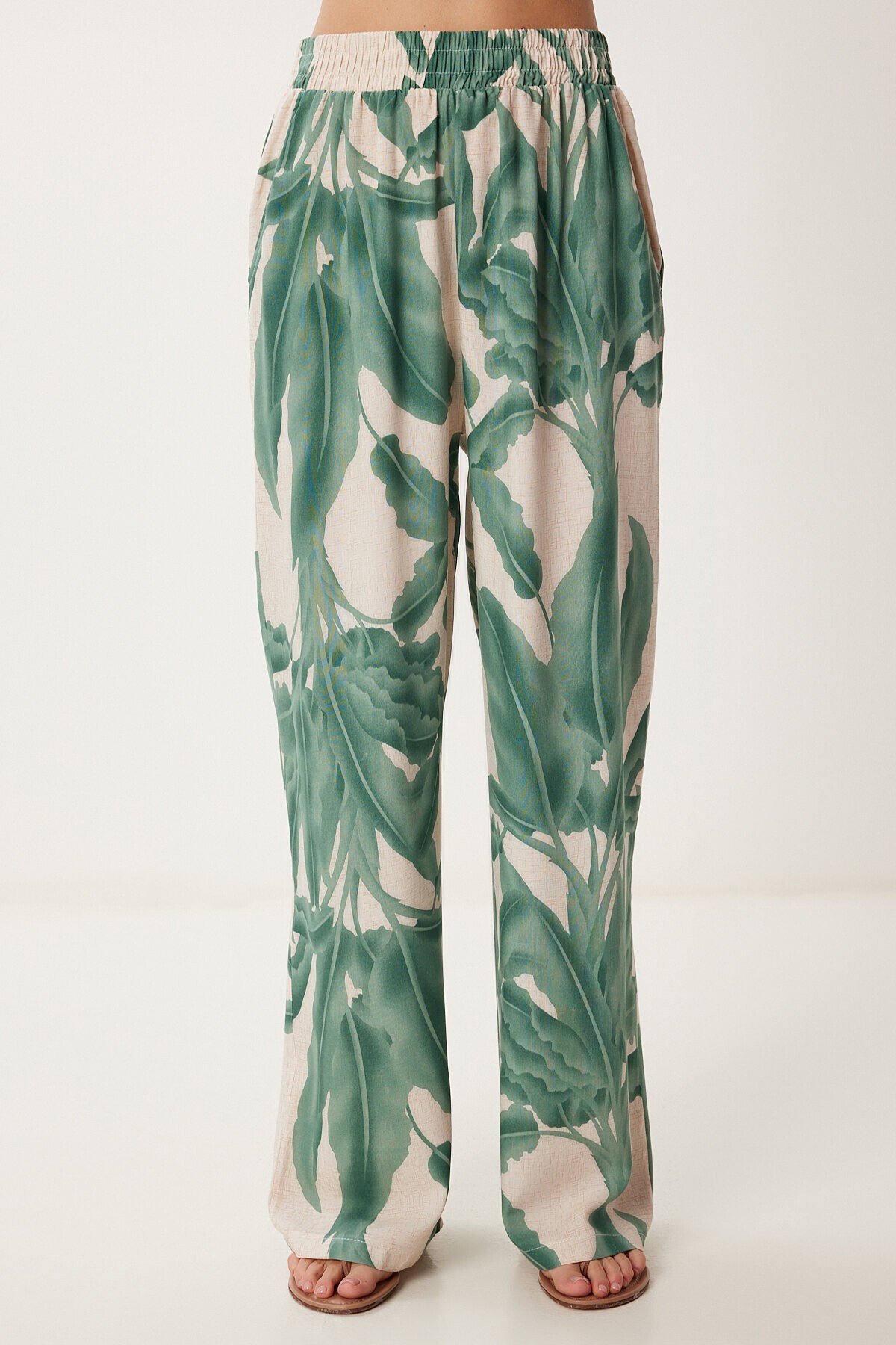 Desenli Yazlık Viskon Kimono Pantolon Takım HAKİ KREM LJE0003
