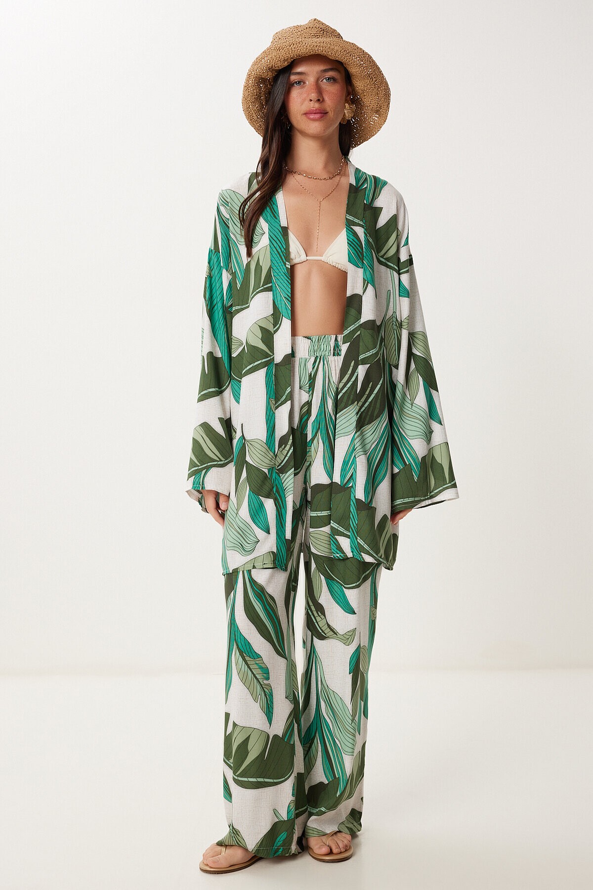 Desenli Yazlık Viskon Kimono Pantolon Takım HAKİ TAŞ LJE0003