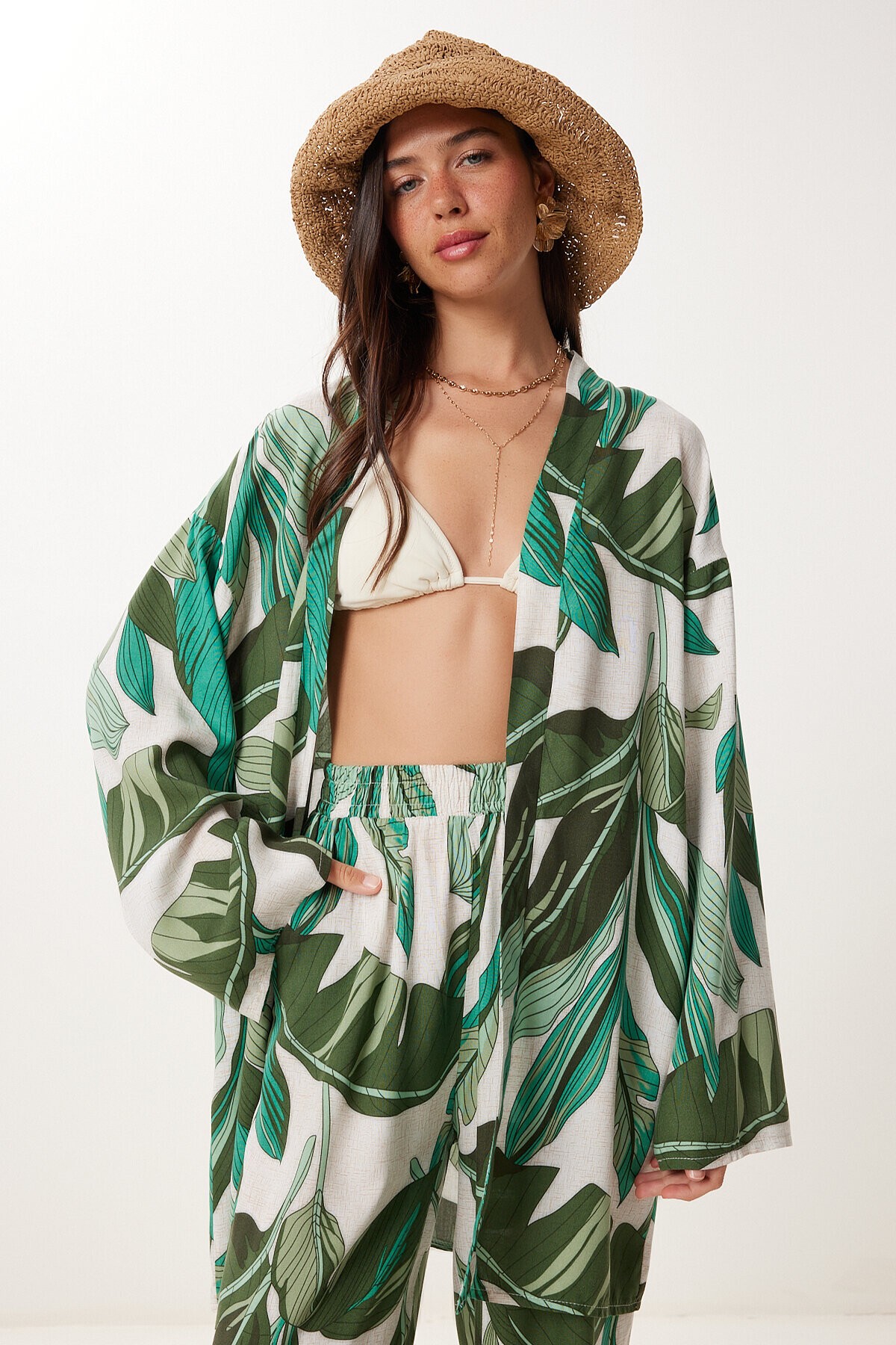 Desenli Yazlık Viskon Kimono Pantolon Takım HAKİ TAŞ LJE0003