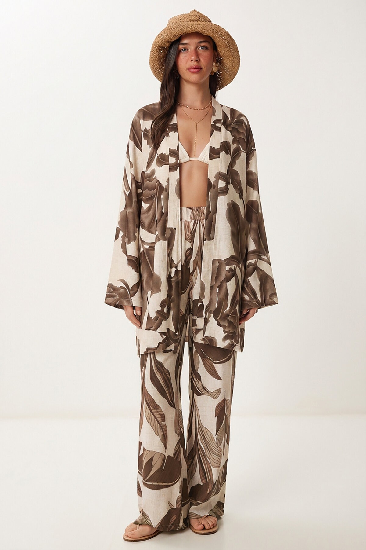 Desenli Yazlık Viskon Kimono Pantolon Takım KAHVERENGİ KREM LJE0003