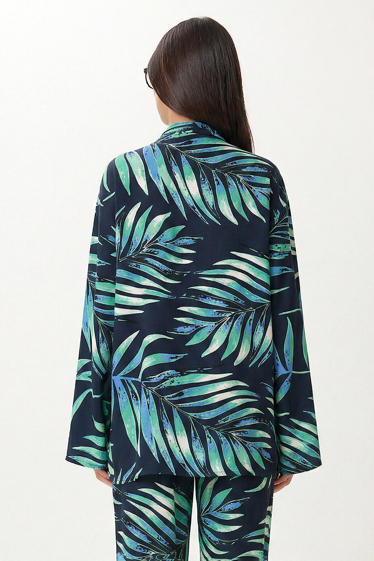 Desenli Yazlık Viskon Kimono Pantolon Takım LACİVERT YEŞİL LJE0003