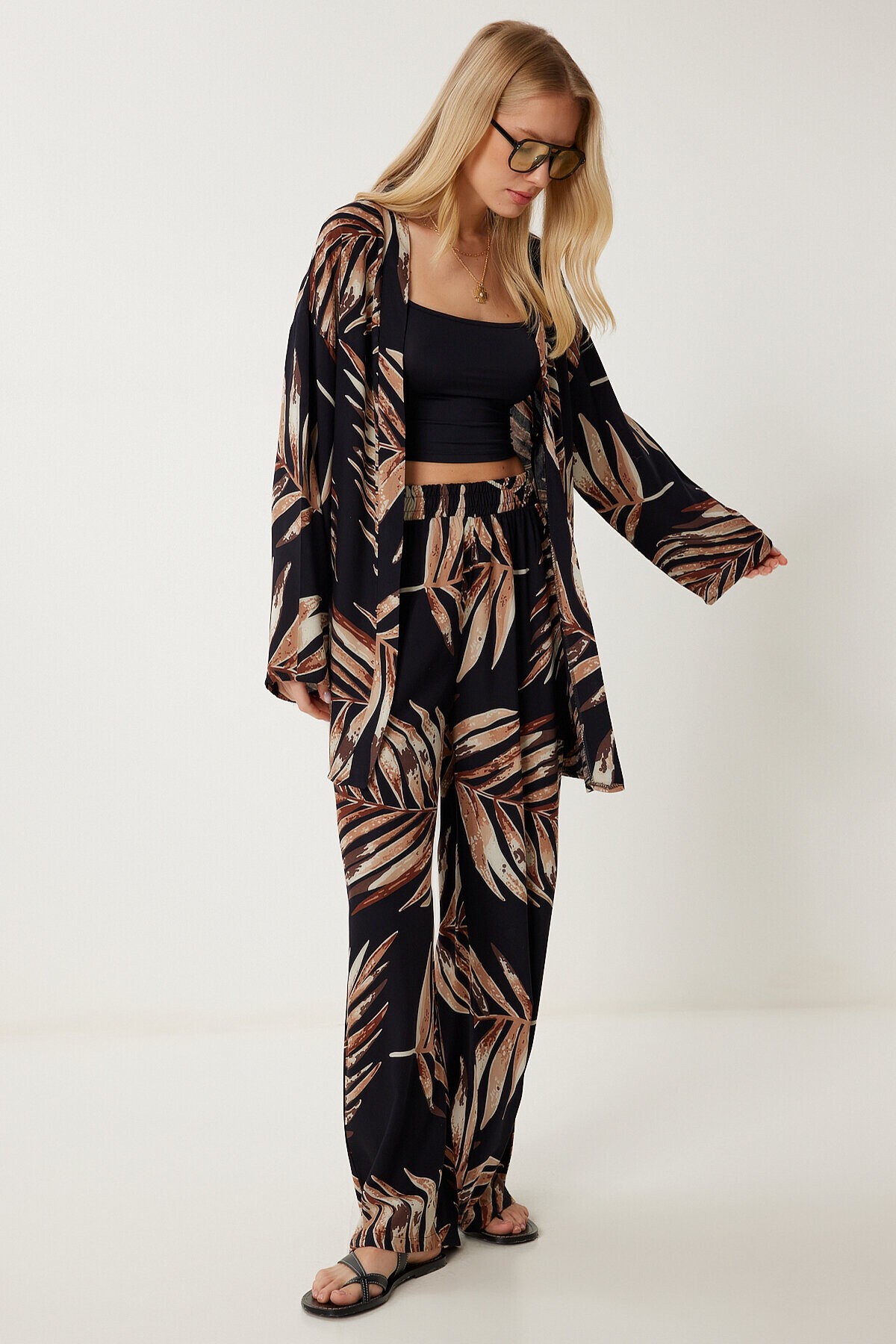 Desenli Yazlık Viskon Kimono Pantolon Takım SİYAH LJE0003