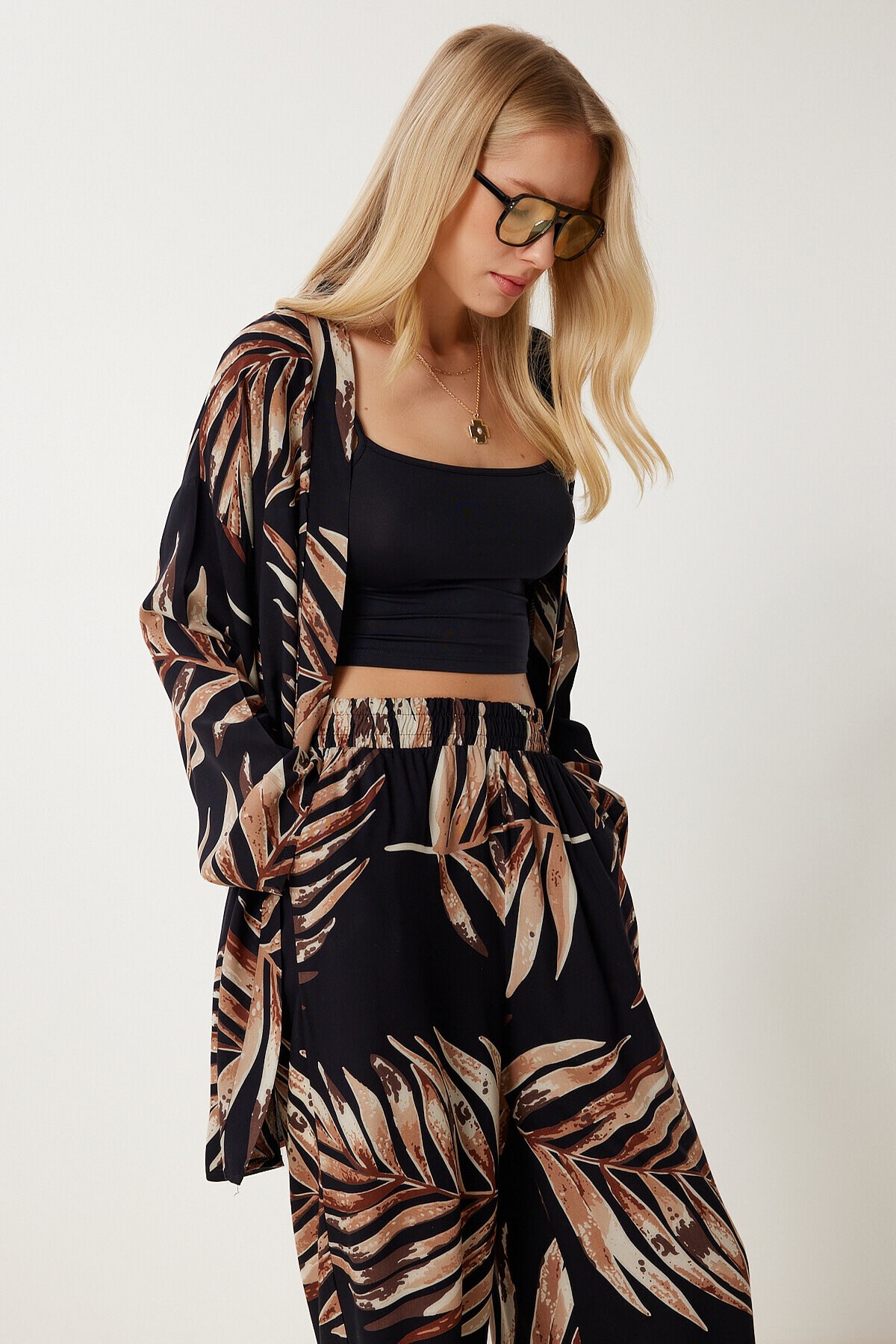 Desenli Yazlık Viskon Kimono Pantolon Takım SİYAH LJE0003