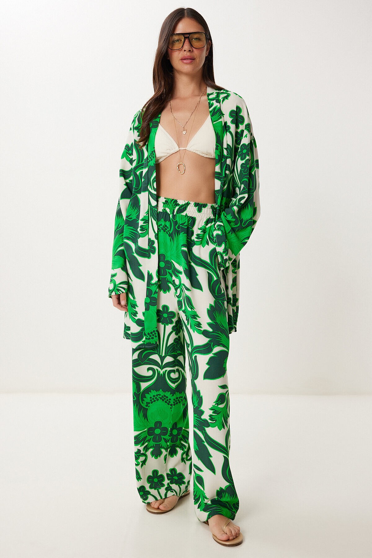 Desenli Yazlık Viskon Kimono Pantolon Takım YEŞİL KEMİK LJE0003