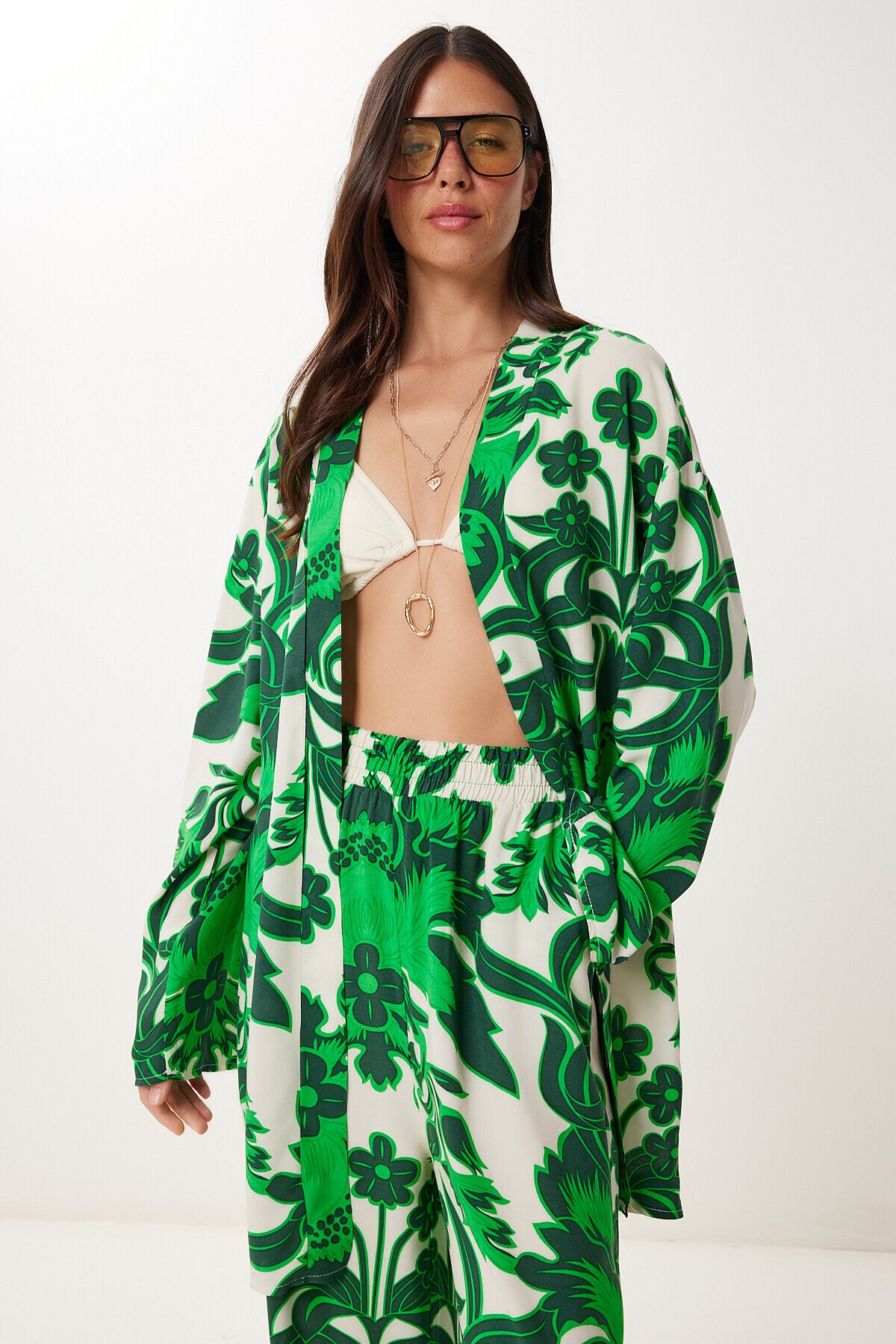 Desenli Yazlık Viskon Kimono Pantolon Takım YEŞİL KEMİK LJE0003