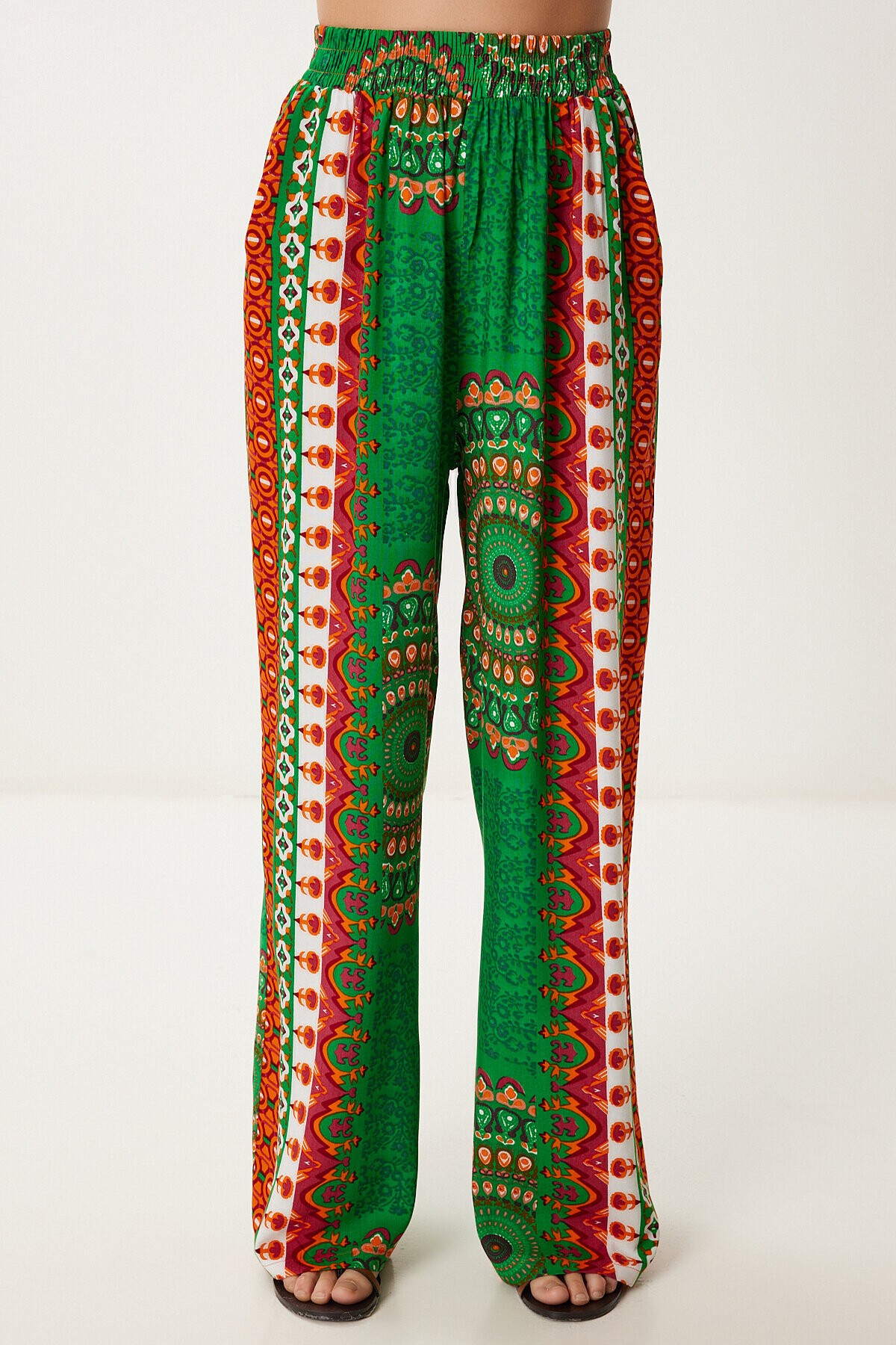 Desenli Yazlık Viskon Kimono Pantolon Takım YEŞİL ORANJ LJE0003