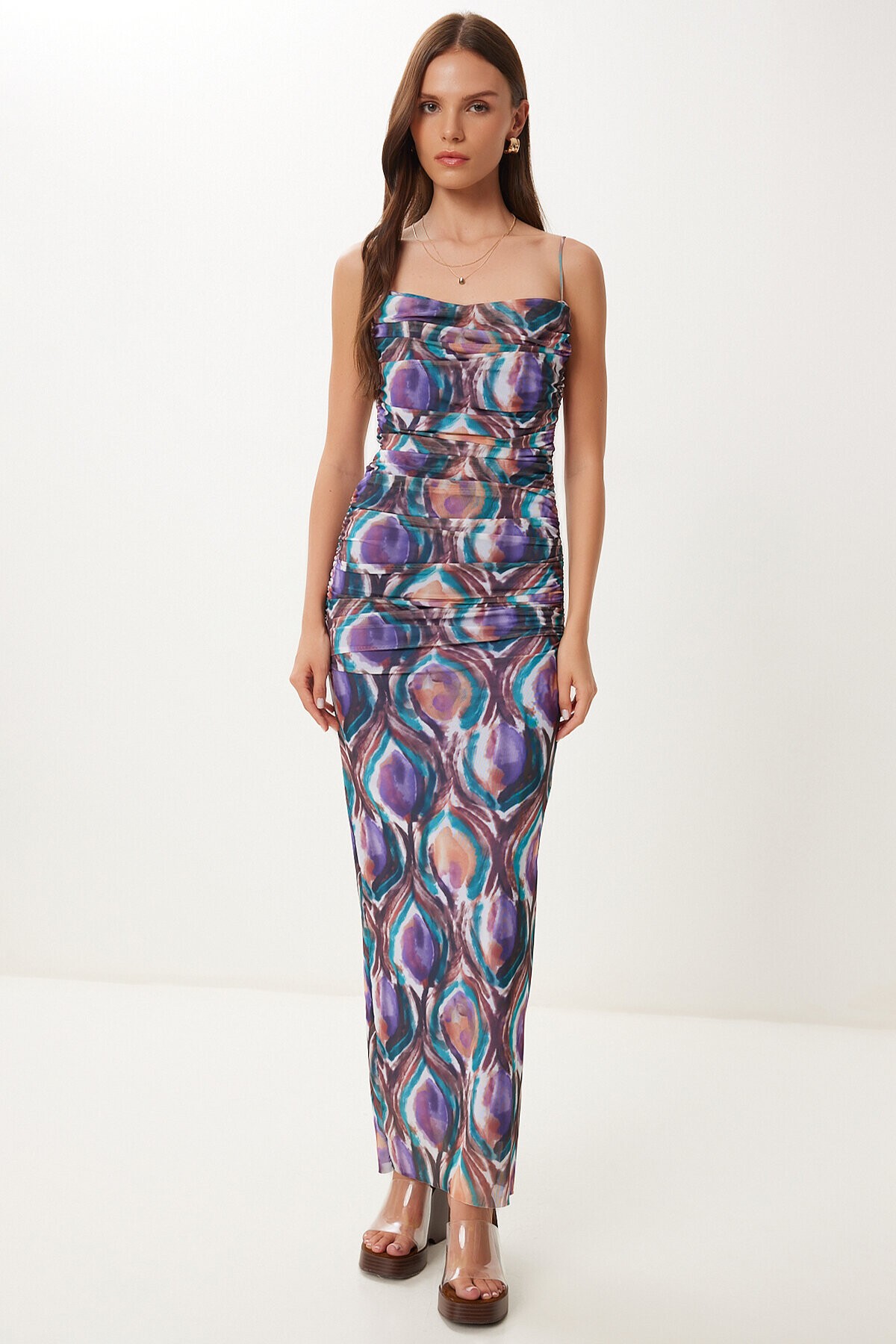Drapeli Askılı Saran Esnek Tül Elbise MOR KAHVERENGİ LFG0027
