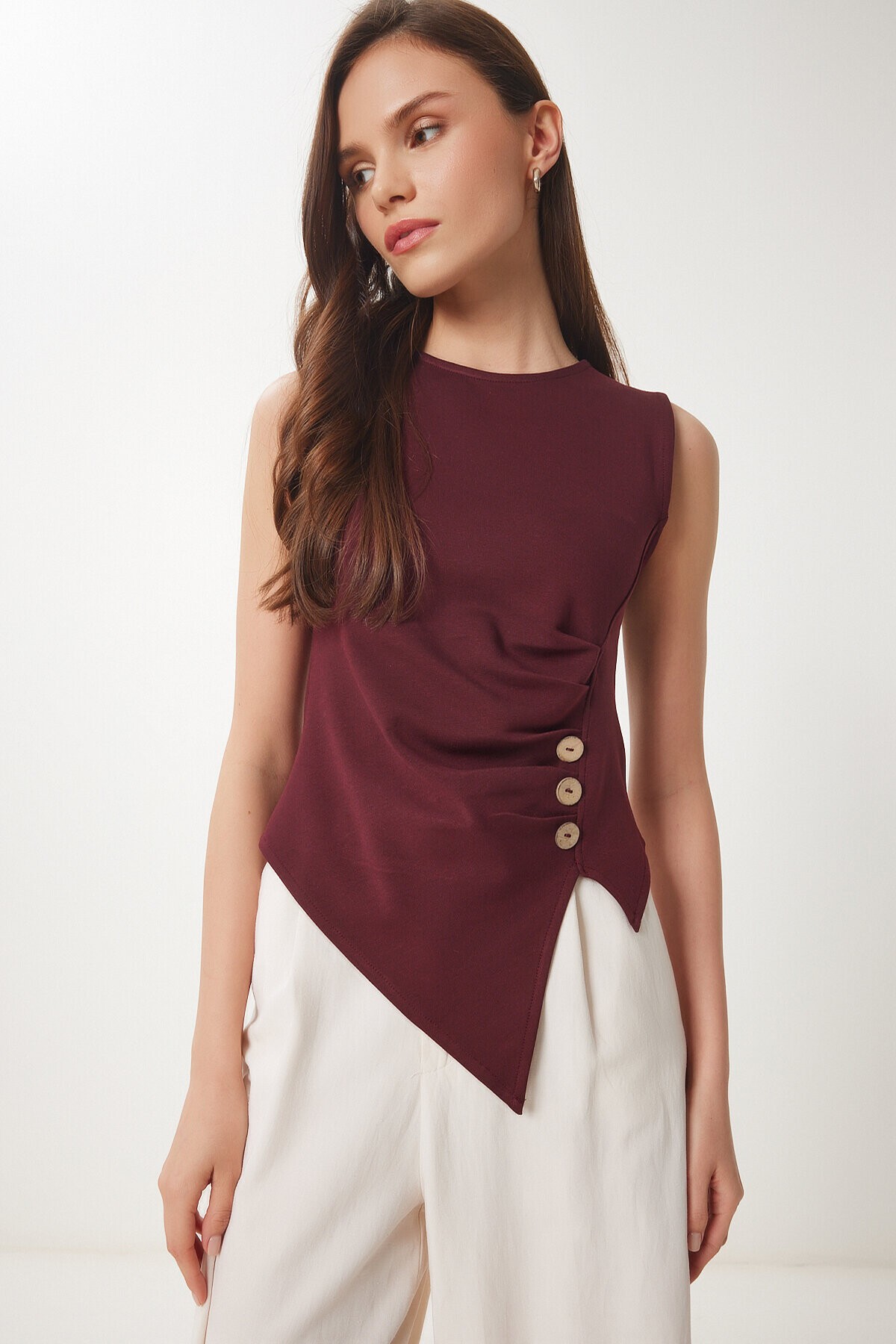 Düğmeli Büzgülü Asimetrik Kesim Örme Bluz BORDO LFW0006