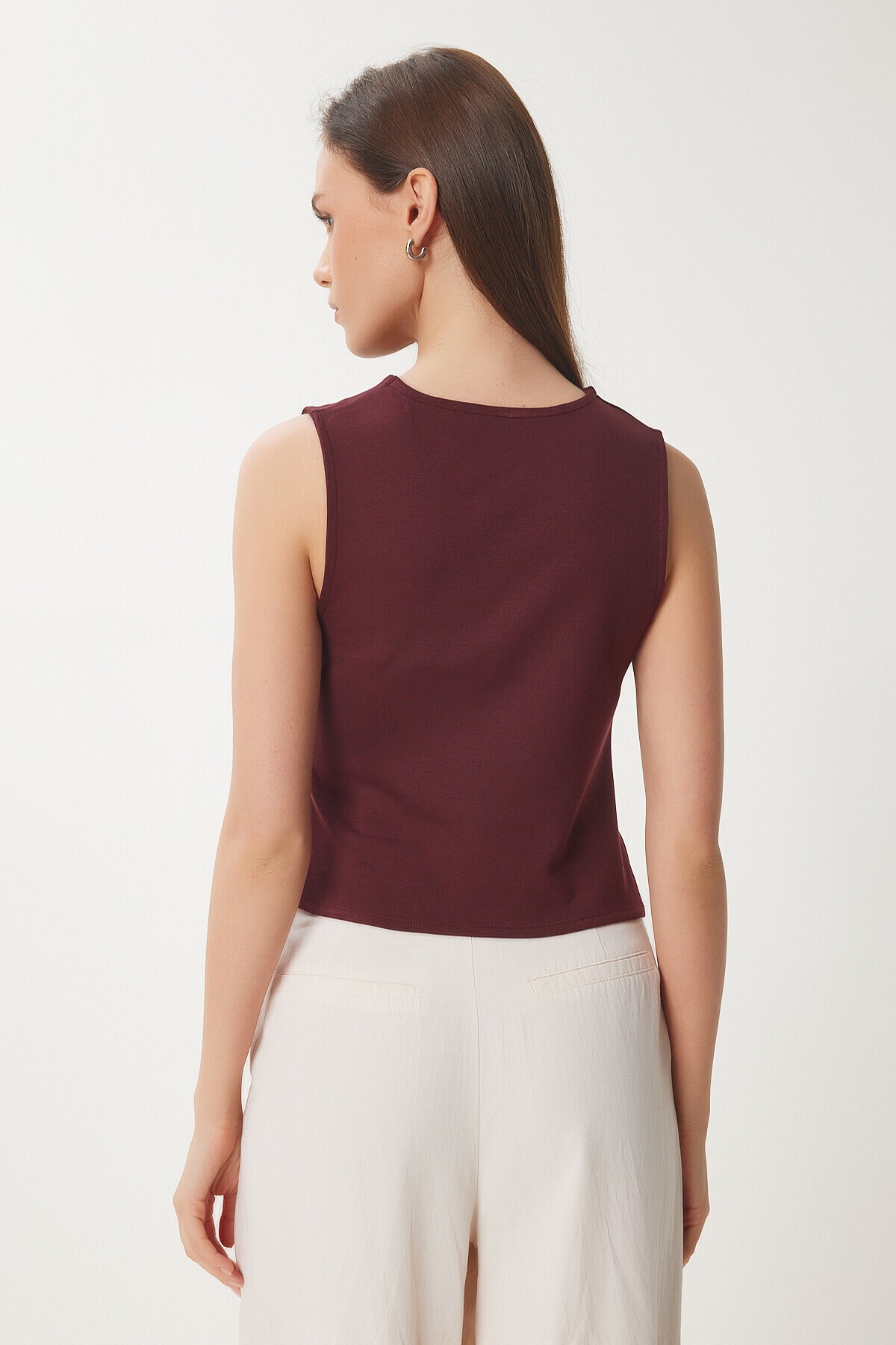 Düğmeli Büzgülü Asimetrik Kesim Örme Bluz BORDO LFW0006