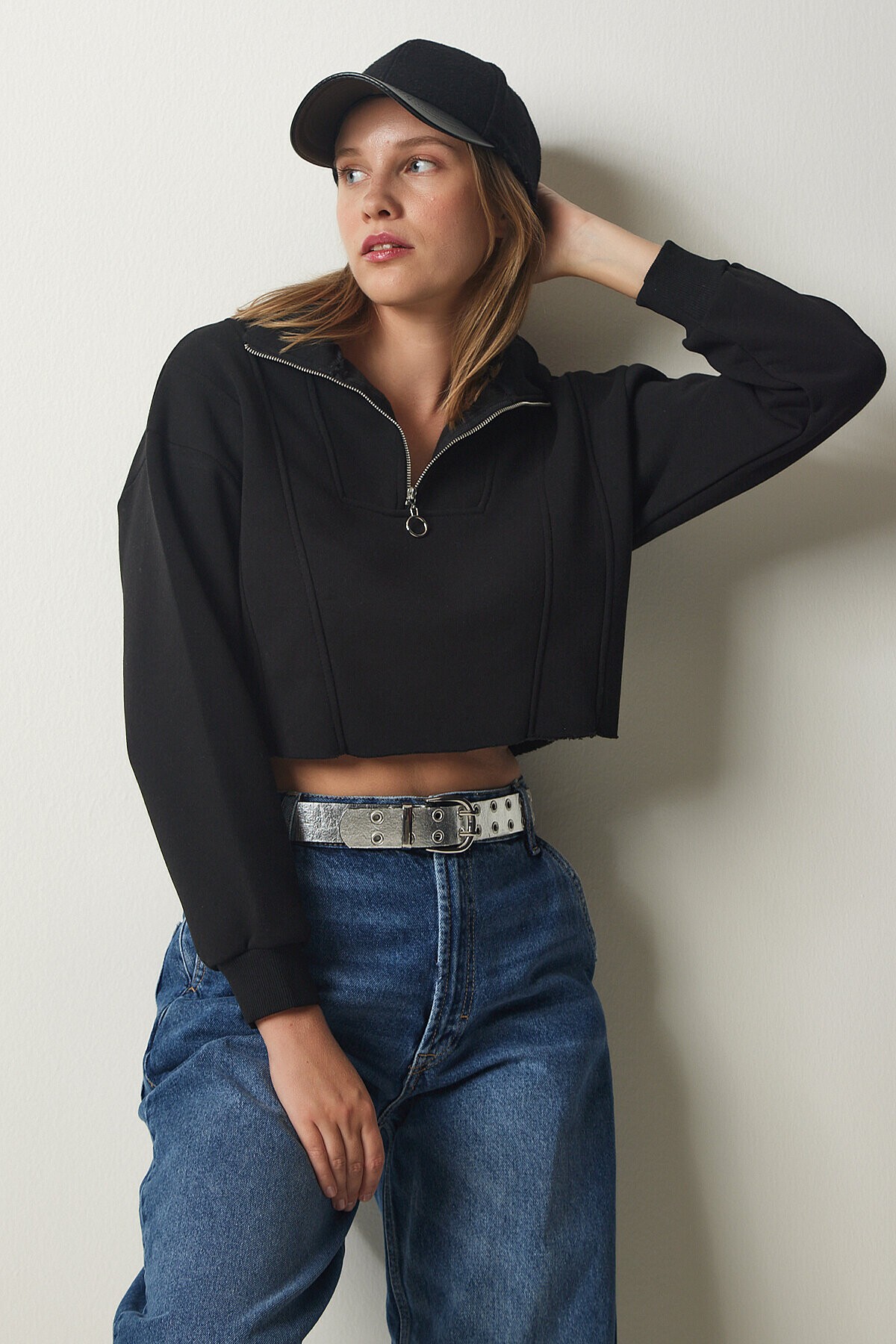 Fermuarlı Şardonlu Crop Örme Sweatshirt SİYAH LHF0011