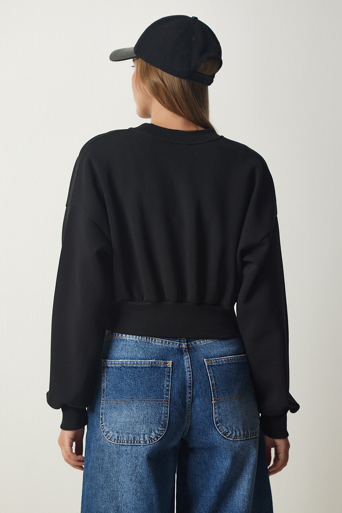 Fermuarlı Şardonlu Crop Örme Sweatshirt SİYAH LHF0012