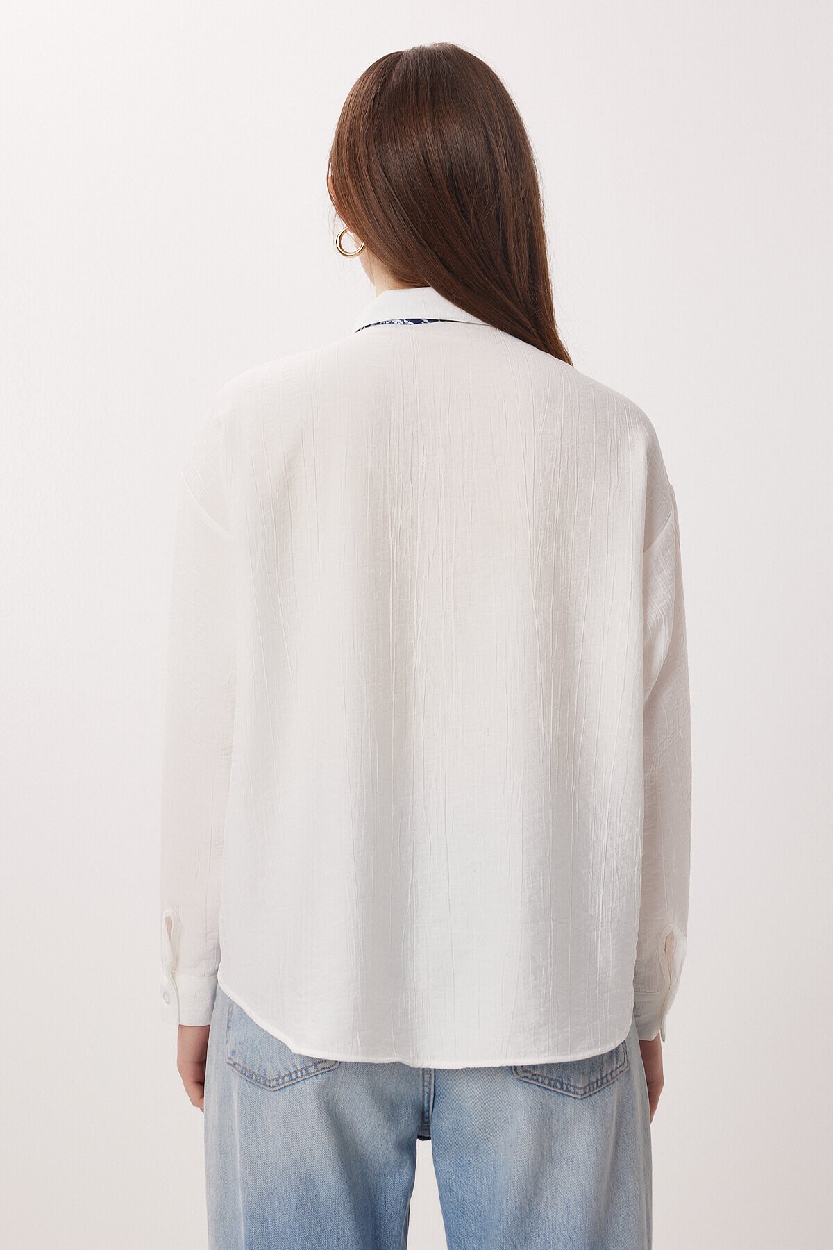 Fular Detaylı Oversize Dokuma Gömlek BEYAZ LDZ0061