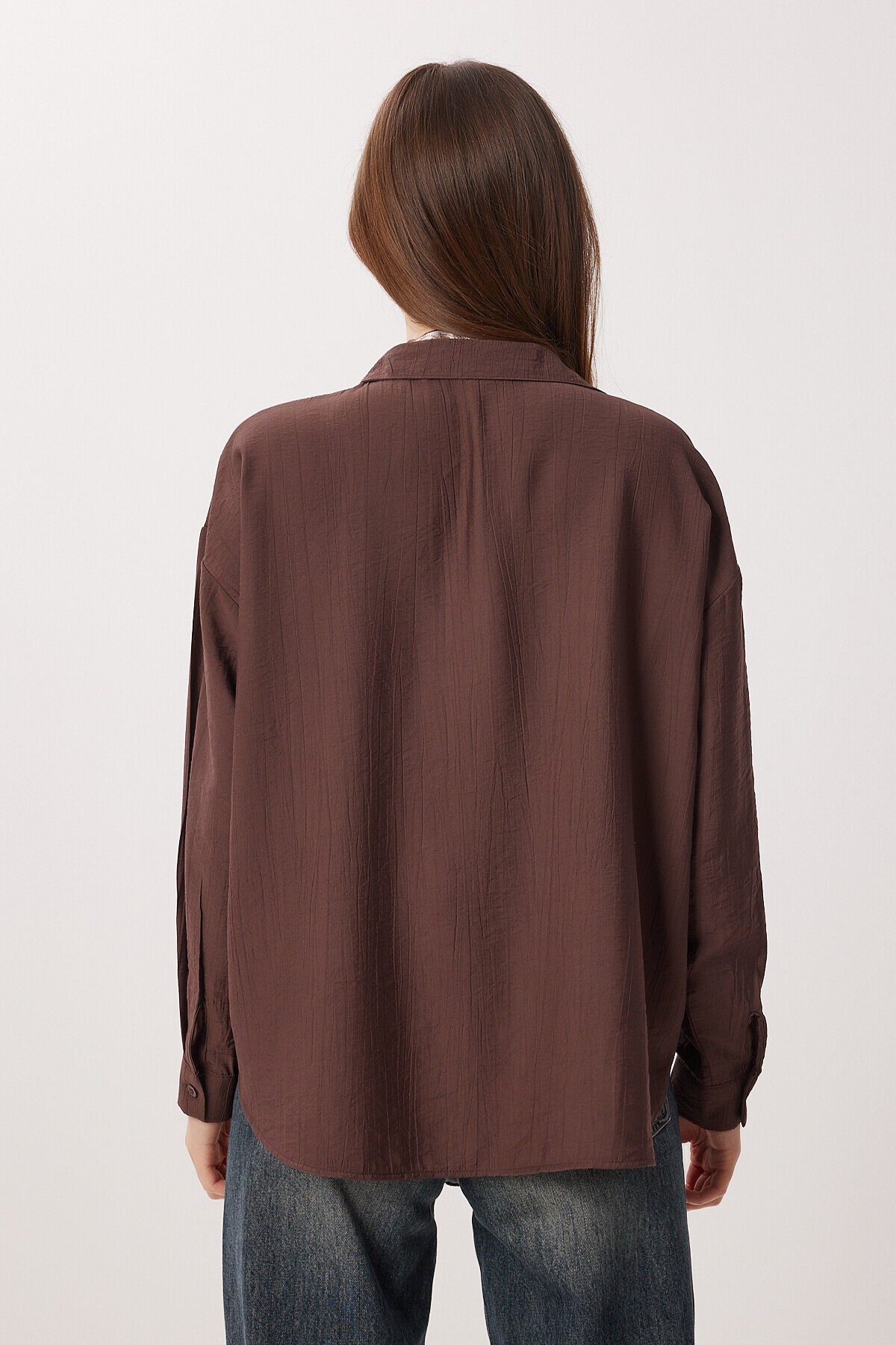 Fular Detaylı Oversize Dokuma Gömlek KAHVERENGİ LDZ0061