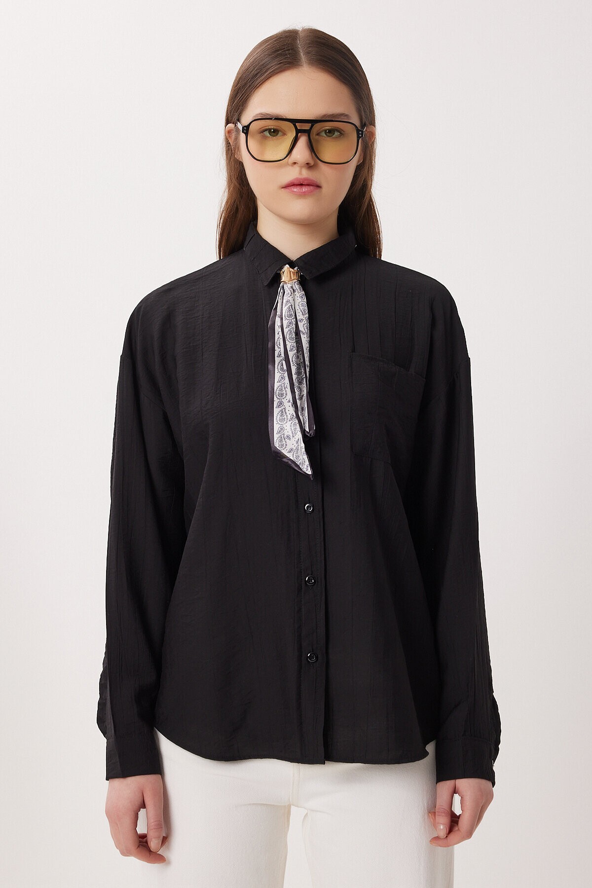 Fular Detaylı Oversize Dokuma Gömlek SİYAH LDZ0061