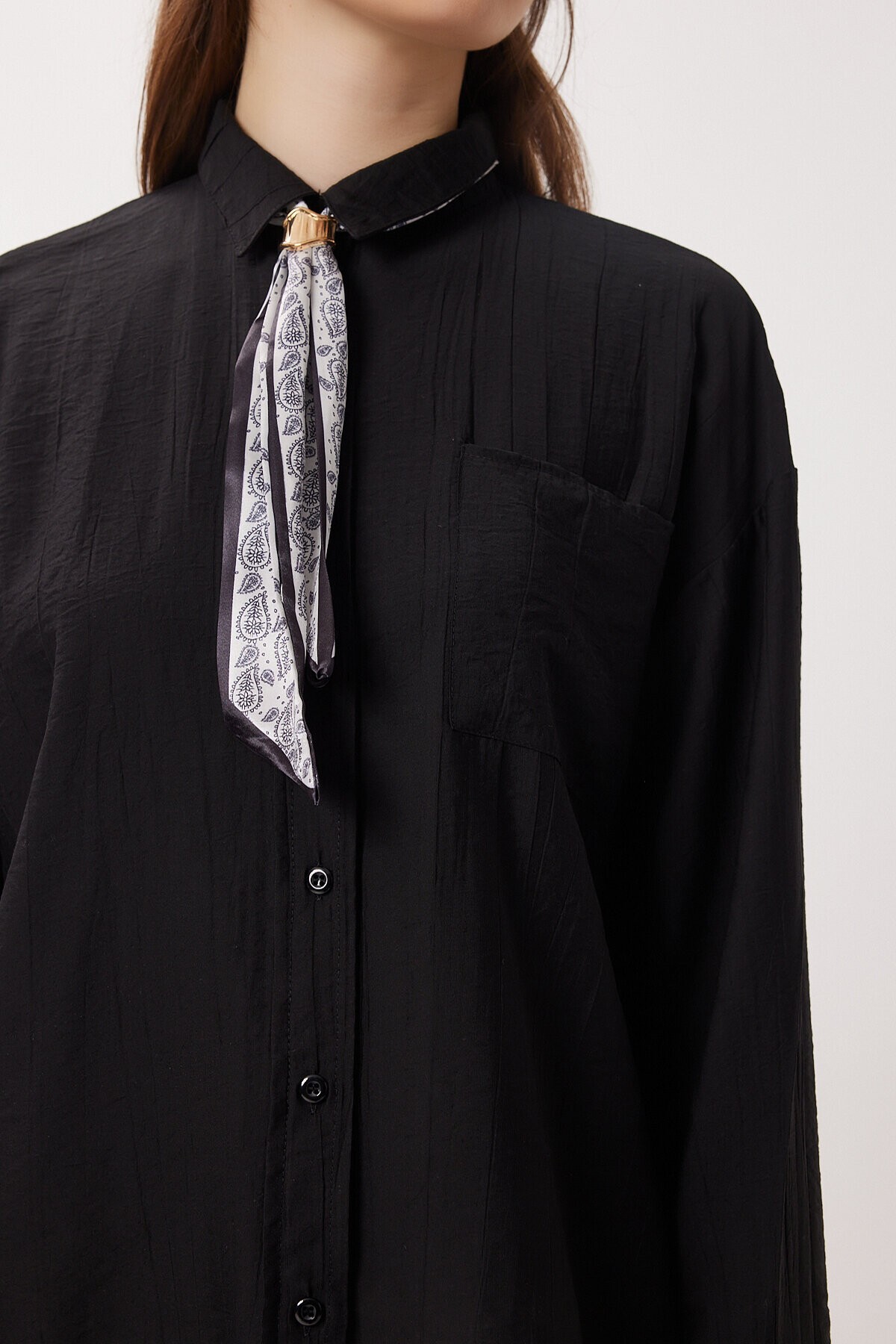 Fular Detaylı Oversize Dokuma Gömlek SİYAH LDZ0061
